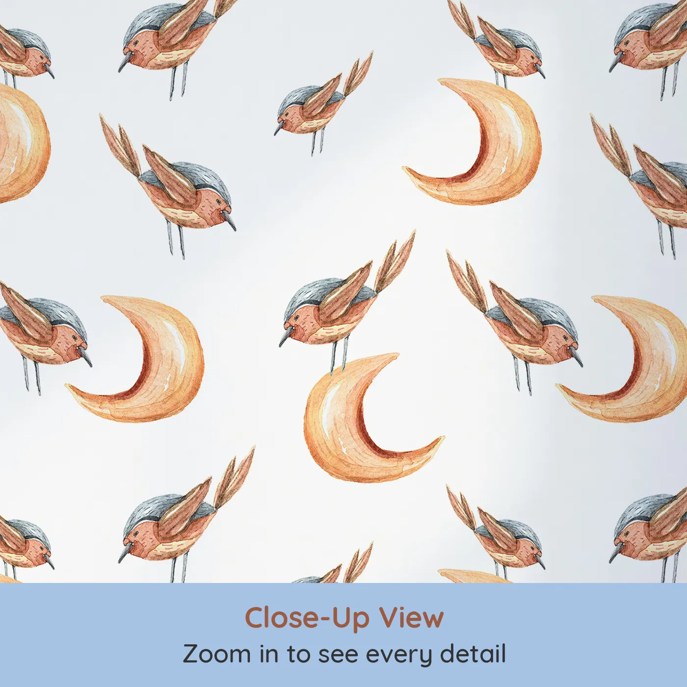 Close-up view of Whimsy Tots' Moon Perch Birds Wallpaper in White (W3316A).Soft watercolor birds perch sweetly on warm crescent moons.