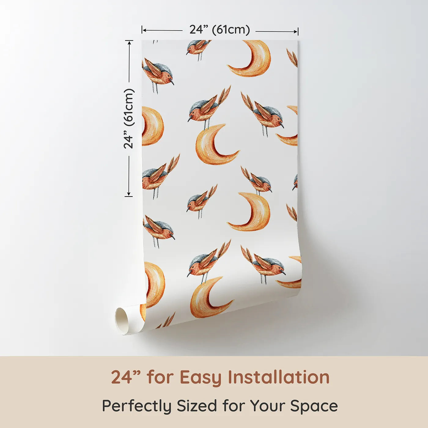 Dimension view of Whimsy Tots Moon Perch Birds Wallpaper in White (W3316A). Printed in 24-inch-wide panel for easy installation. Soft watercolor birds perch sweetly on warm crescent moons.