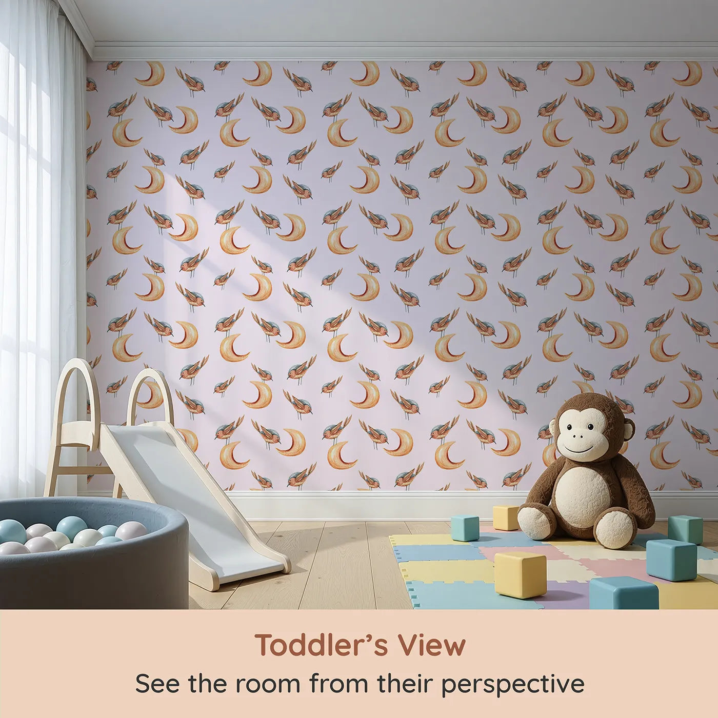 Whimsy Tots Moon Perch Birds Wallpaper in Pink (W3316B) from your child's view.Little birds drift gently across soft pink skies and crescent moons.