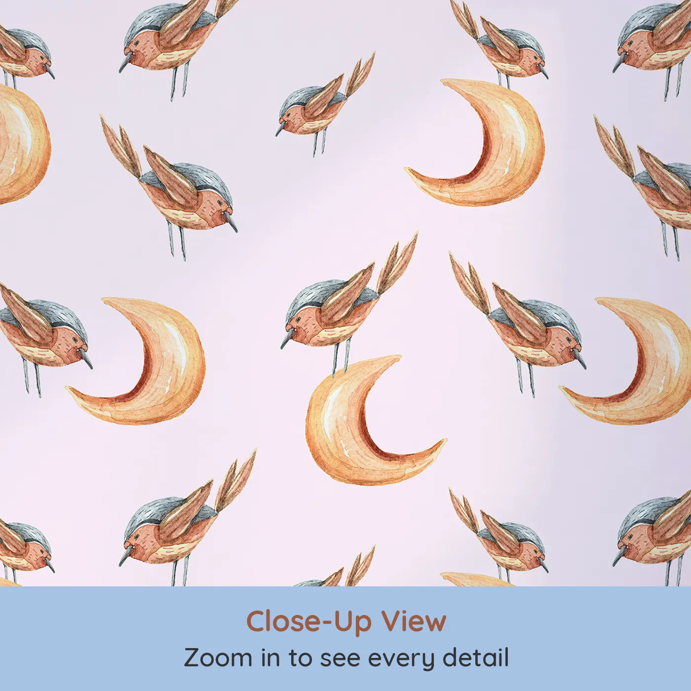 Close-up view of Whimsy Tots' Moon Perch Birds Wallpaper in Pink (W3316B).Little birds drift gently across soft pink skies and crescent moons.