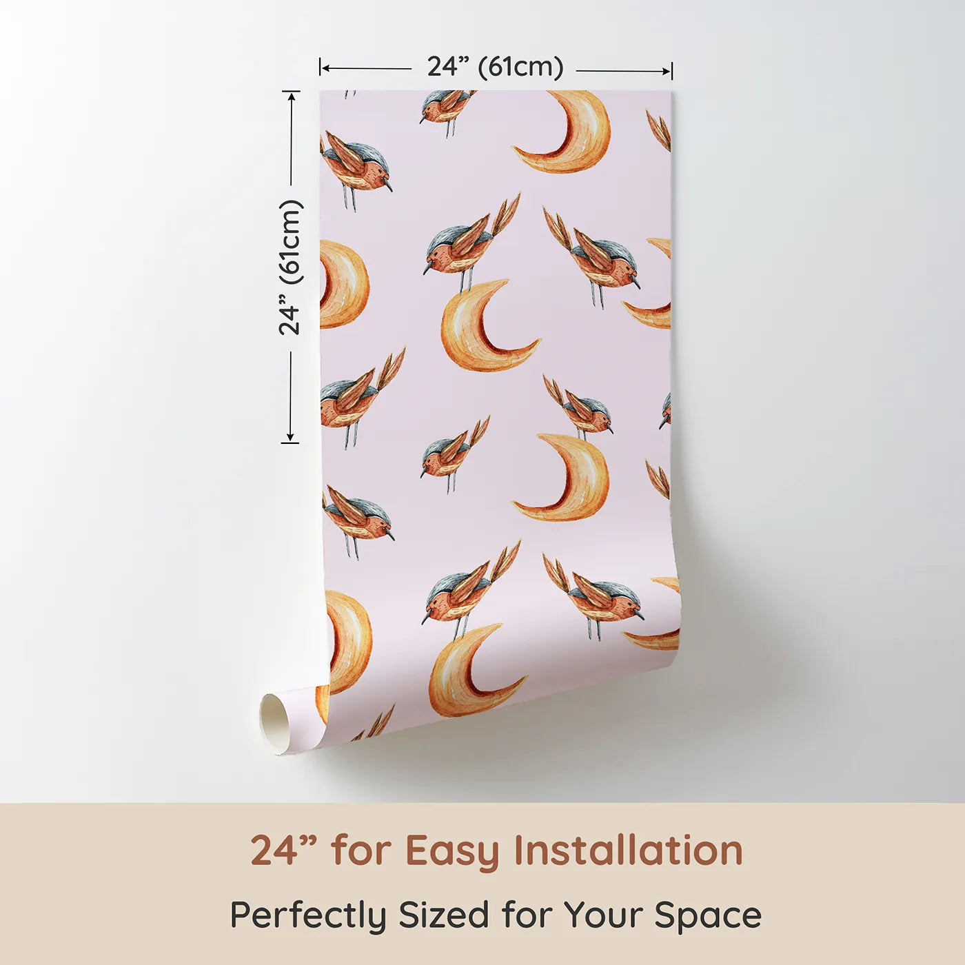 Dimension view of Whimsy Tots Moon Perch Birds Wallpaper in Pink (W3316B). Printed in 24-inch-wide panel for easy installation. Little birds drift gently across soft pink skies and crescent moons.
