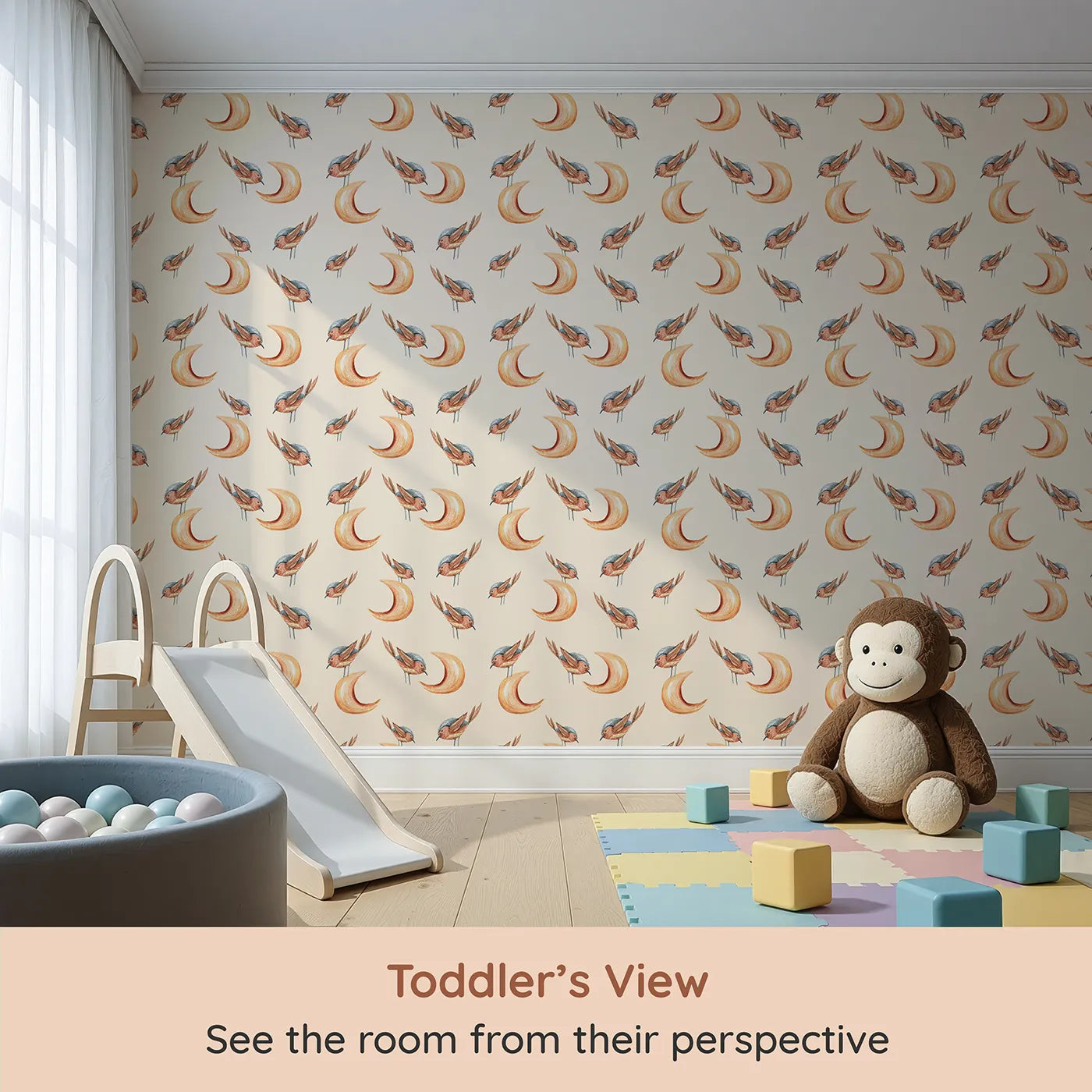 Whimsy Tots Moon Perch Birds Wallpaper in Beige (W3316C) from your child's view.Little birds rest on warm moons above soothing beige skies.