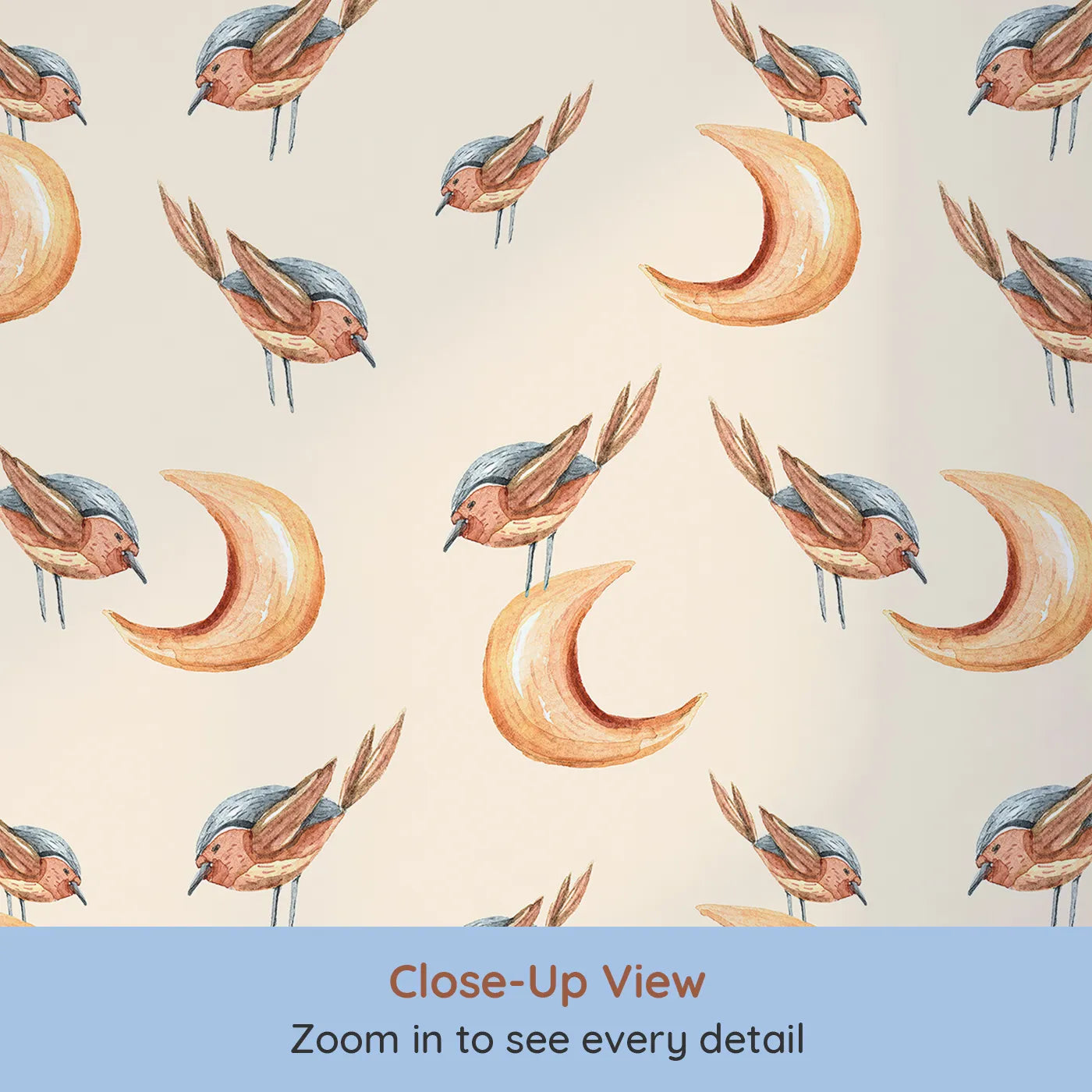 Close-up view of Whimsy Tots' Moon Perch Birds Wallpaper in Beige (W3316C).Little birds rest on warm moons above soothing beige skies.