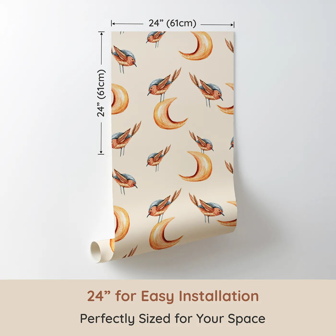 Dimension view of Whimsy Tots Moon Perch Birds Wallpaper in Beige (W3316C). Printed in 24-inch-wide panel for easy installation. Little birds rest on warm moons above soothing beige skies.