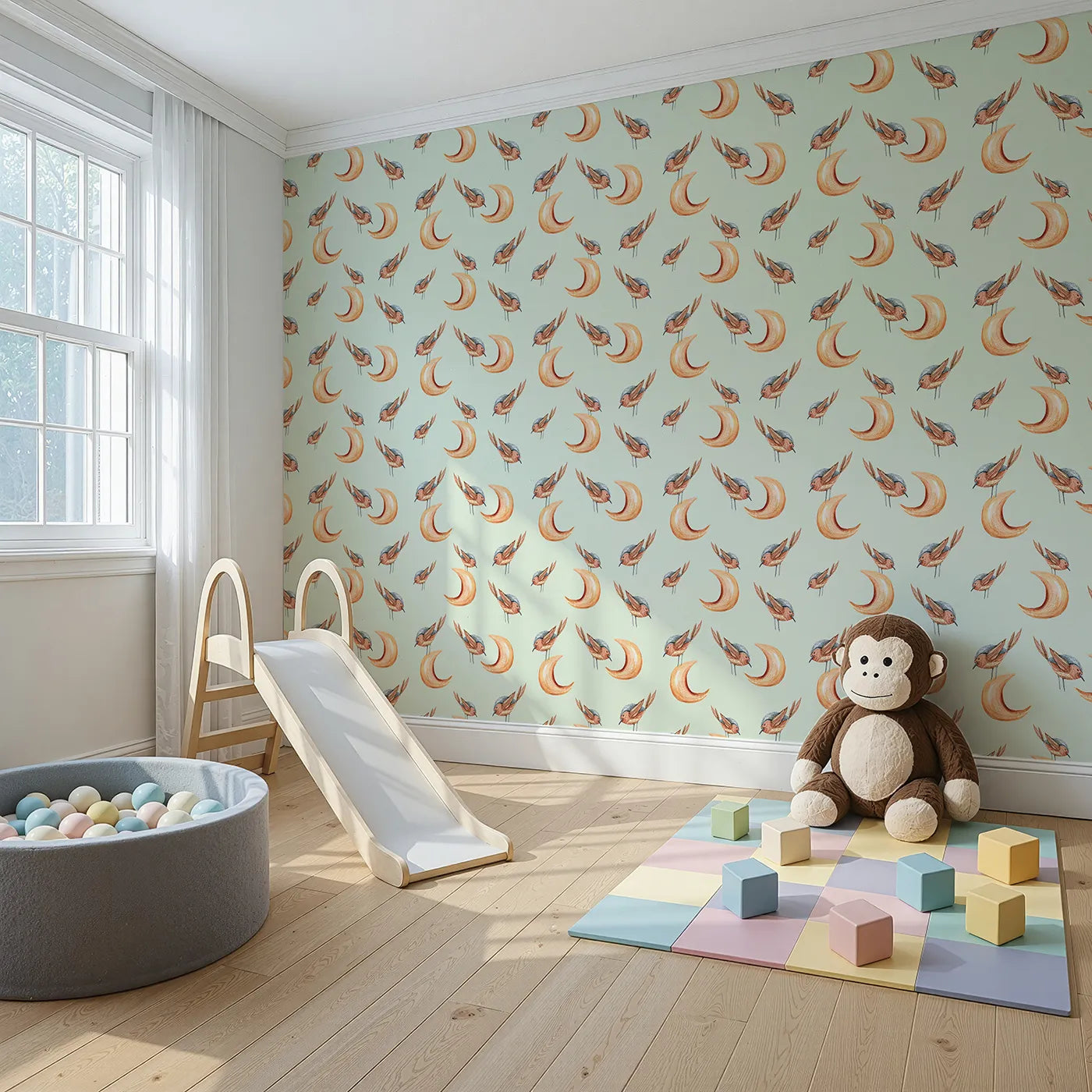 Angled view of Whimsy Tots' Moon Perch Birds Wallpaper in Mint Green (W3316D).Gentle birds perch on orange moons over minty skies.