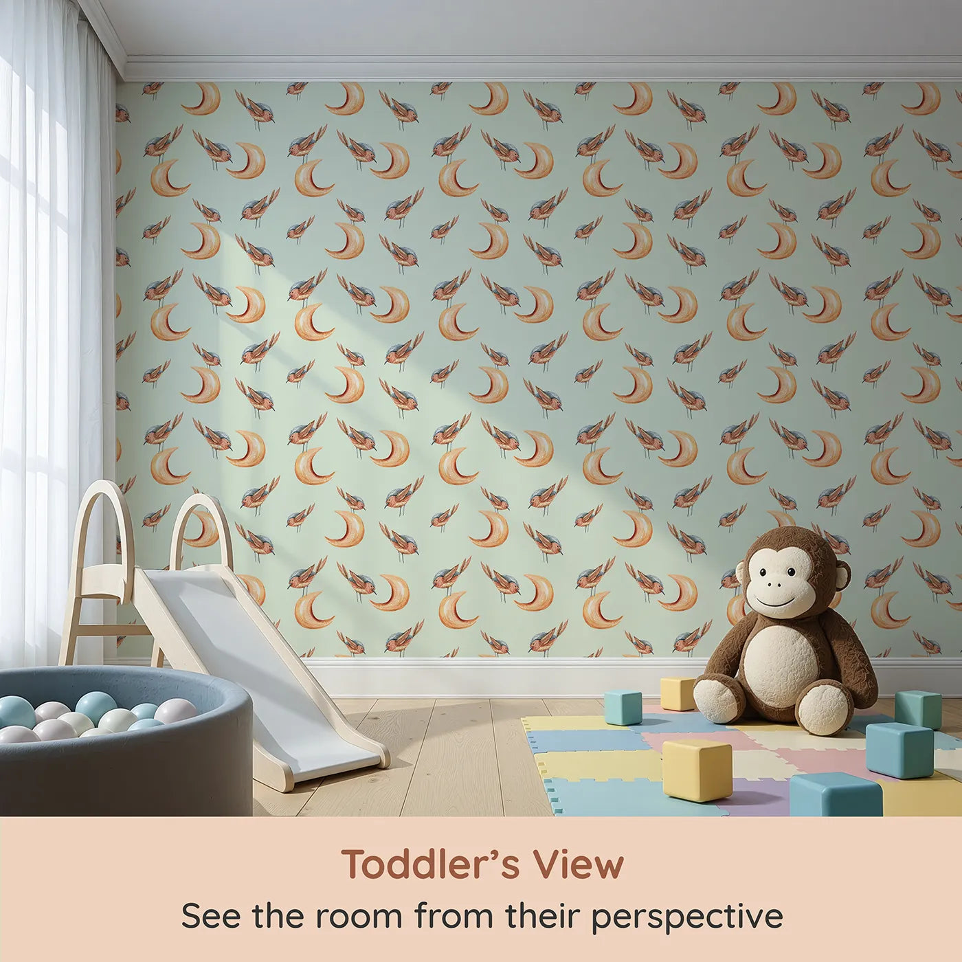 Whimsy Tots Moon Perch Birds Wallpaper in Mint Green (W3316D) from your child's view.Gentle birds perch on orange moons over minty skies.