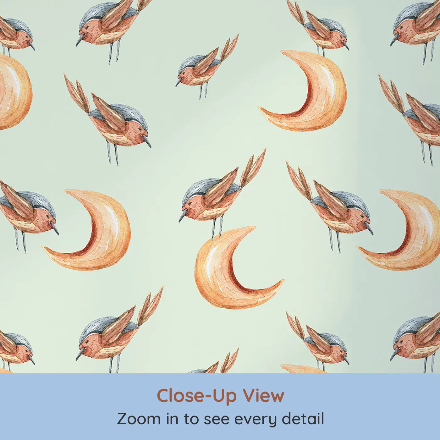 Close-up view of Whimsy Tots' Moon Perch Birds Wallpaper in Mint Green (W3316D).Gentle birds perch on orange moons over minty skies.
