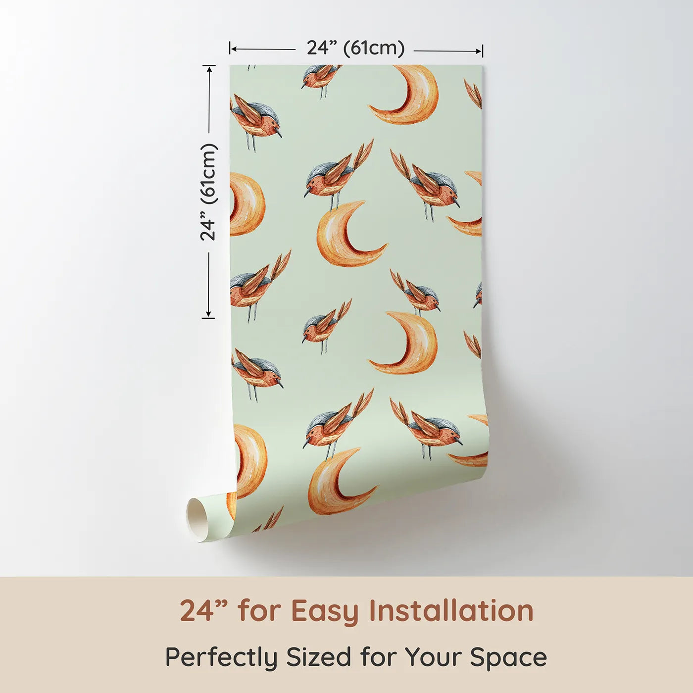 Dimension view of Whimsy Tots Moon Perch Birds Wallpaper in Mint Green (W3316D). Printed in 24-inch-wide panel for easy installation. Gentle birds perch on orange moons over minty skies.