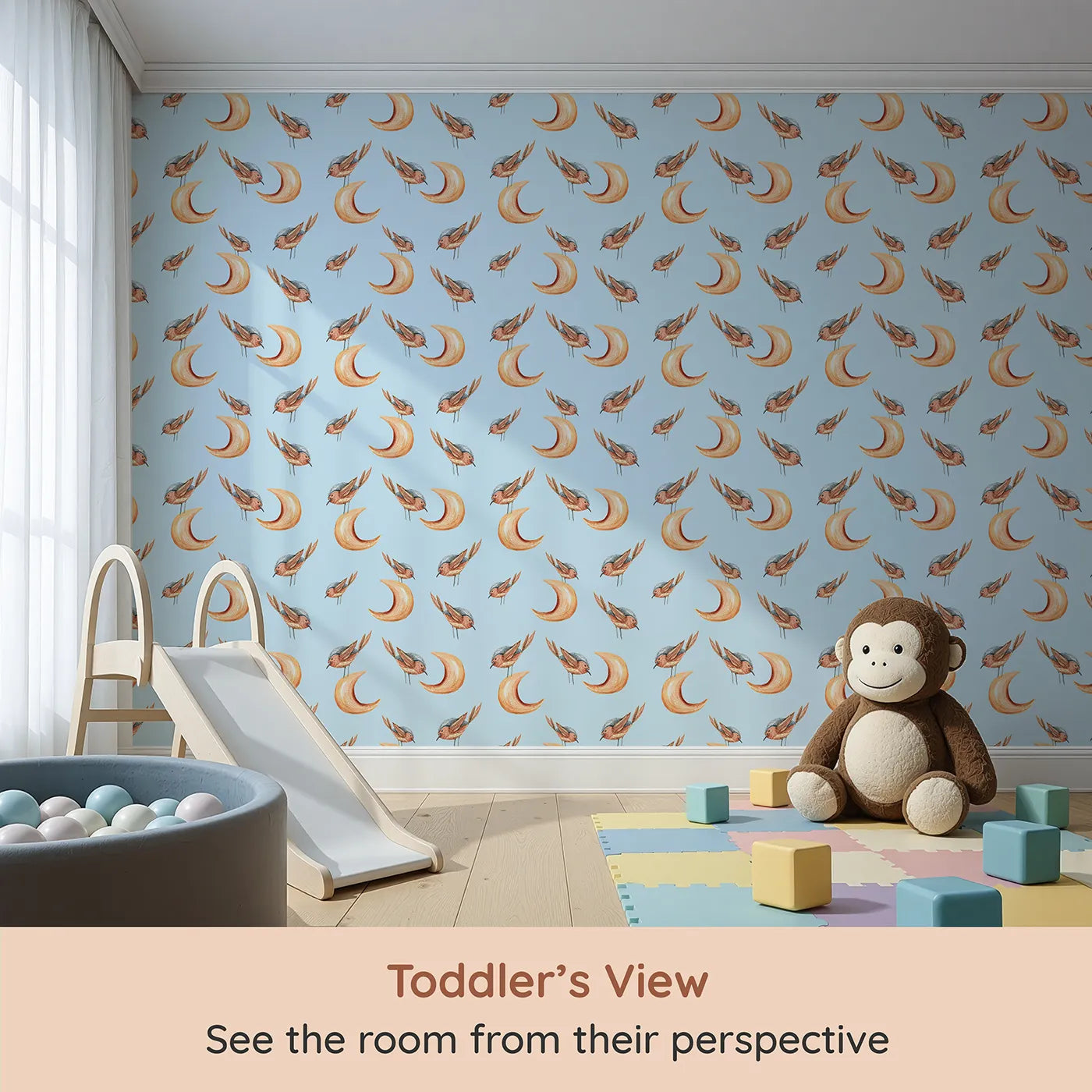 Whimsy Tots Moon Perch Birds Wallpaper in Blue (W3316E) from your child's view.Little birds perch on orange moons above soft blue skies.