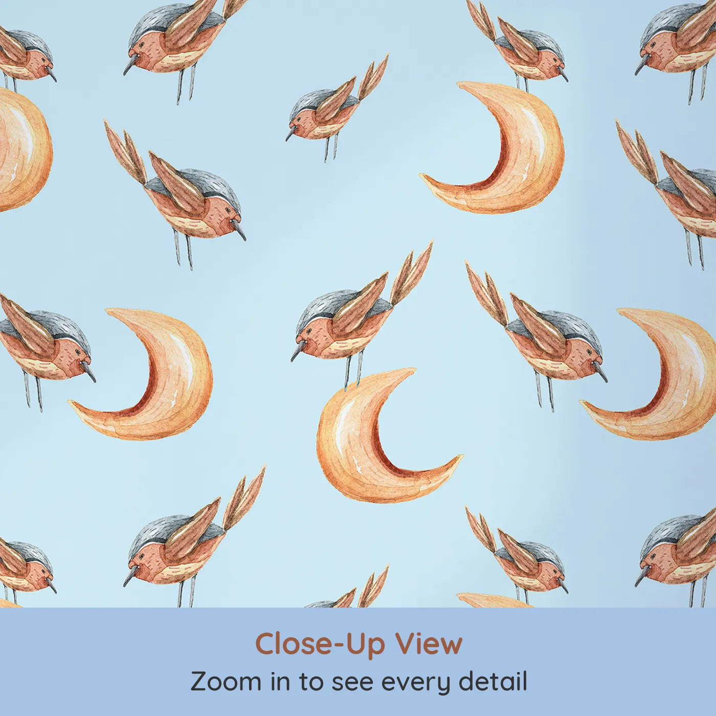 Close-up view of Whimsy Tots' Moon Perch Birds Wallpaper in Blue (W3316E).Little birds perch on orange moons above soft blue skies.