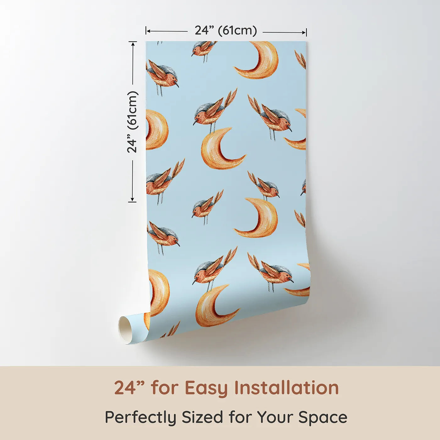Dimension view of Whimsy Tots Moon Perch Birds Wallpaper in Blue (W3316E). Printed in 24-inch-wide panel for easy installation. Little birds perch on orange moons above soft blue skies.