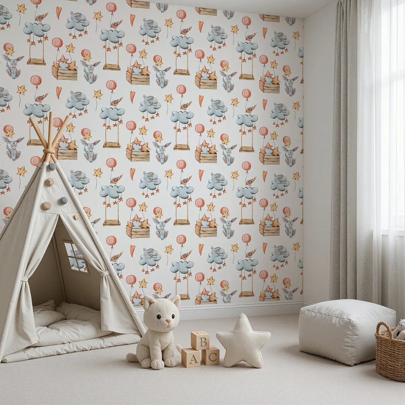 Angled view of Whimsy Tots' Dreamland Friends Wallpaper in White (W3317A).Bunnies, birds, clouds and stars drift gently in a magical sky.