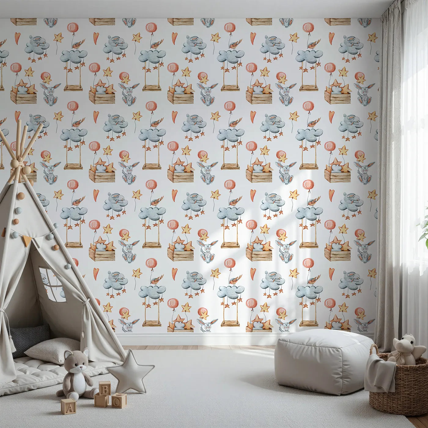 Front view of Whimsy Tots' Dreamland Friends Wallpaper in White