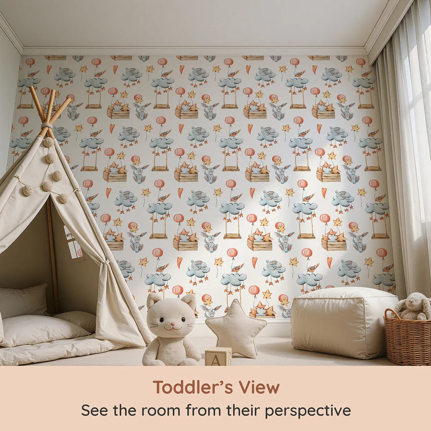 Whimsy Tots Dreamland Friends Wallpaper in White (W3317A) from your child's view.Bunnies, birds, clouds and stars drift gently in a magical sky.