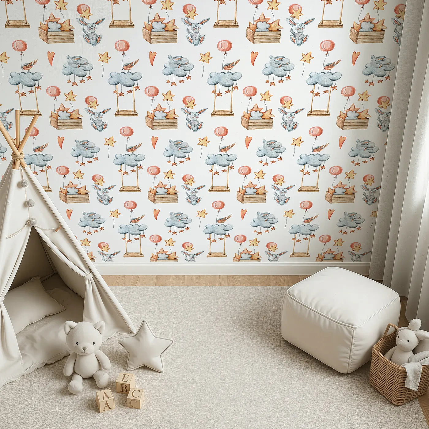 Top-Down view of Whimsy Tots' Dreamland Friends Wallpaper in White (W3317A).Bunnies, birds, clouds and stars drift gently in a magical sky.