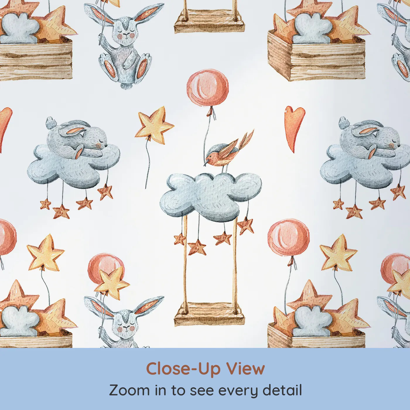 Close-up view of Whimsy Tots' Dreamland Friends Wallpaper in White (W3317A).Bunnies, birds, clouds and stars drift gently in a magical sky.
