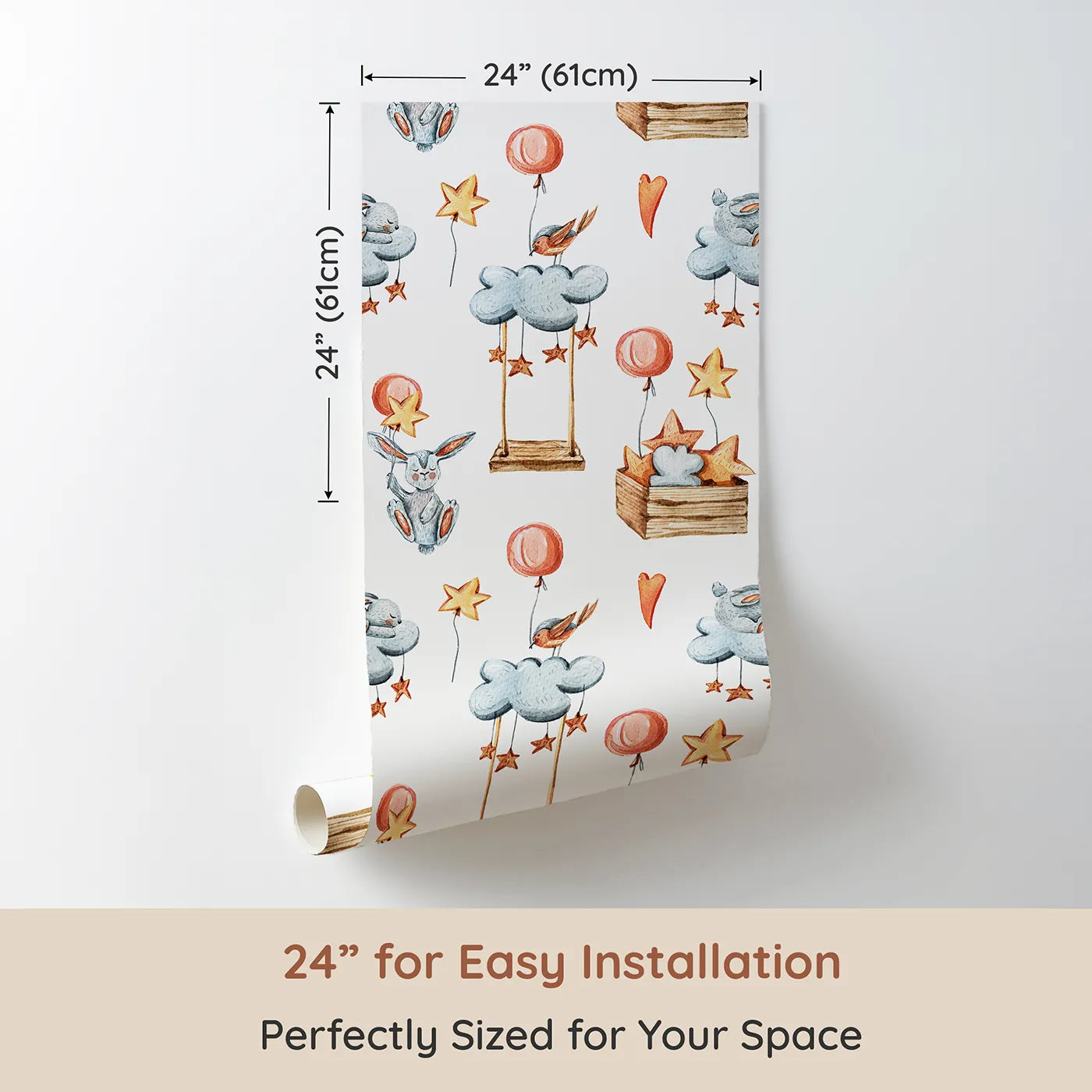 Dimension view of Whimsy Tots Dreamland Friends Wallpaper in White (W3317A). Printed in 24-inch-wide panel for easy installation. Bunnies, birds, clouds and stars drift gently in a magical sky.