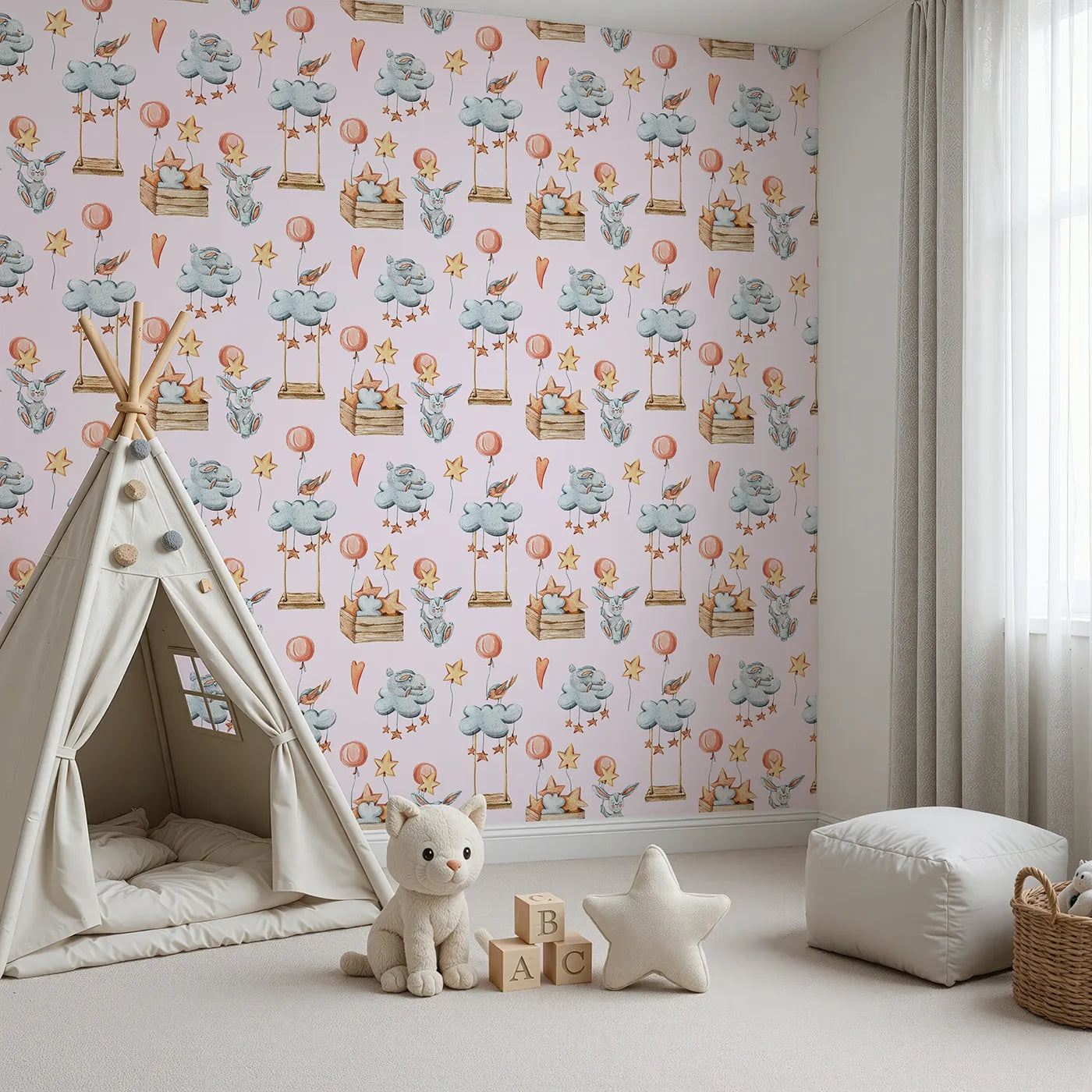 Angled view of Whimsy Tots' Dreamland Friends Wallpaper in Pink (W3317B).Bunnies, birds and stars float through pink skies of cozy play.