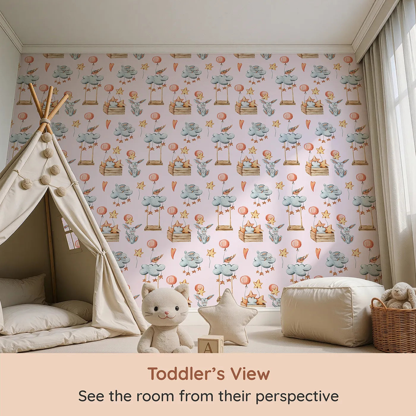 Whimsy Tots Dreamland Friends Wallpaper in Pink (W3317B) from your child's view.Bunnies, birds and stars float through pink skies of cozy play.
