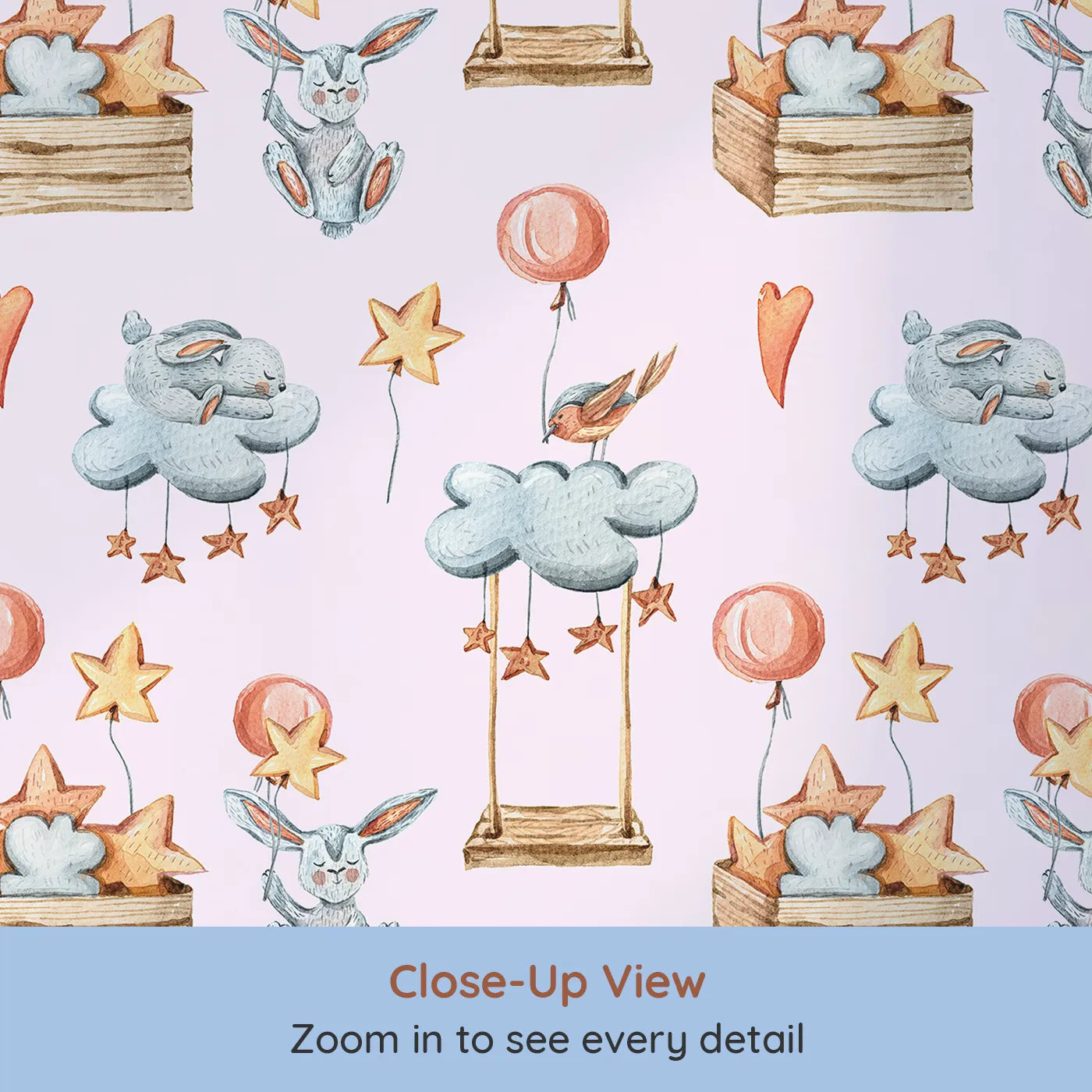 Close-up view of Whimsy Tots' Dreamland Friends Wallpaper in Pink (W3317B).Bunnies, birds and stars float through pink skies of cozy play.
