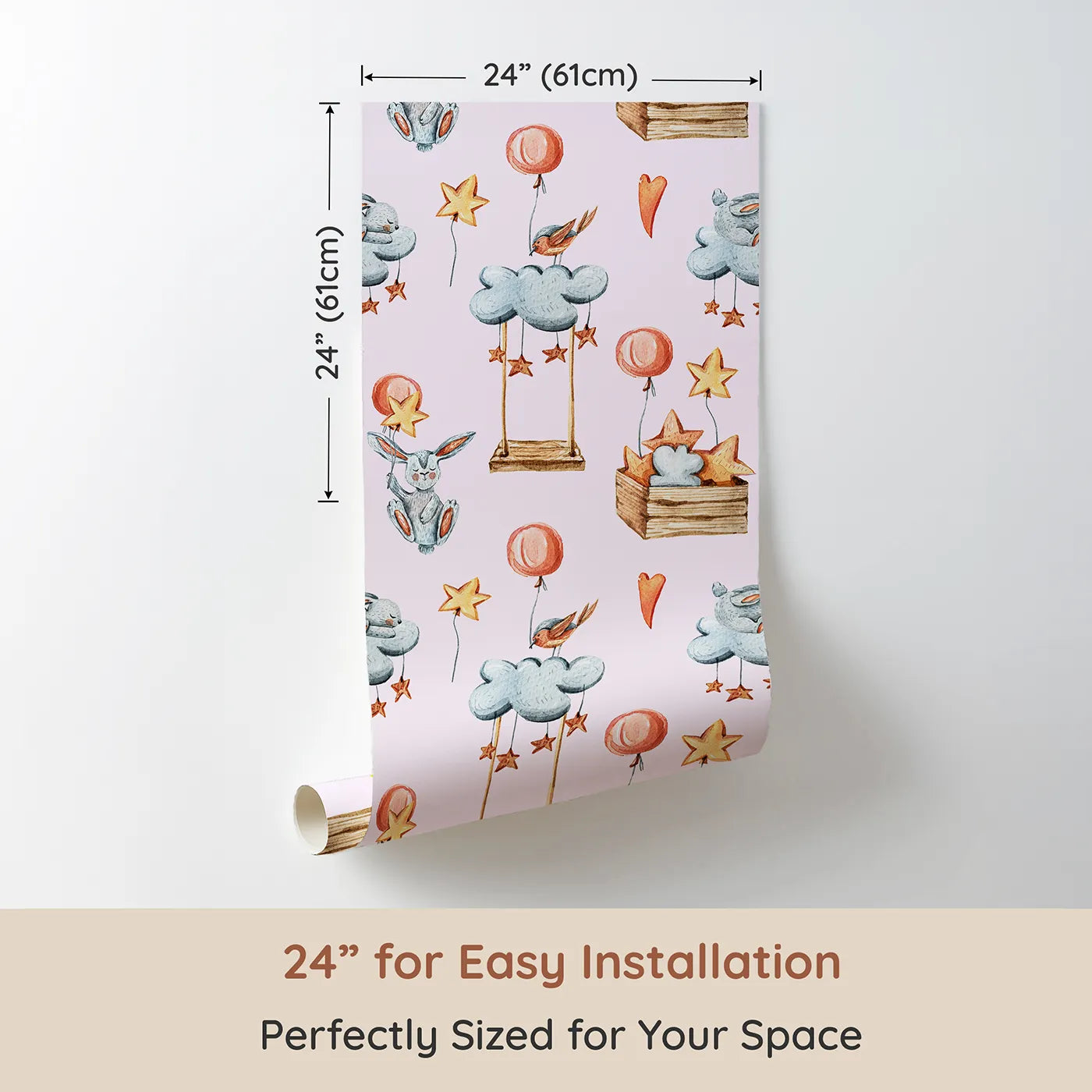 Dimension view of Whimsy Tots Dreamland Friends Wallpaper in Pink (W3317B). Printed in 24-inch-wide panel for easy installation. Bunnies, birds and stars float through pink skies of cozy play.