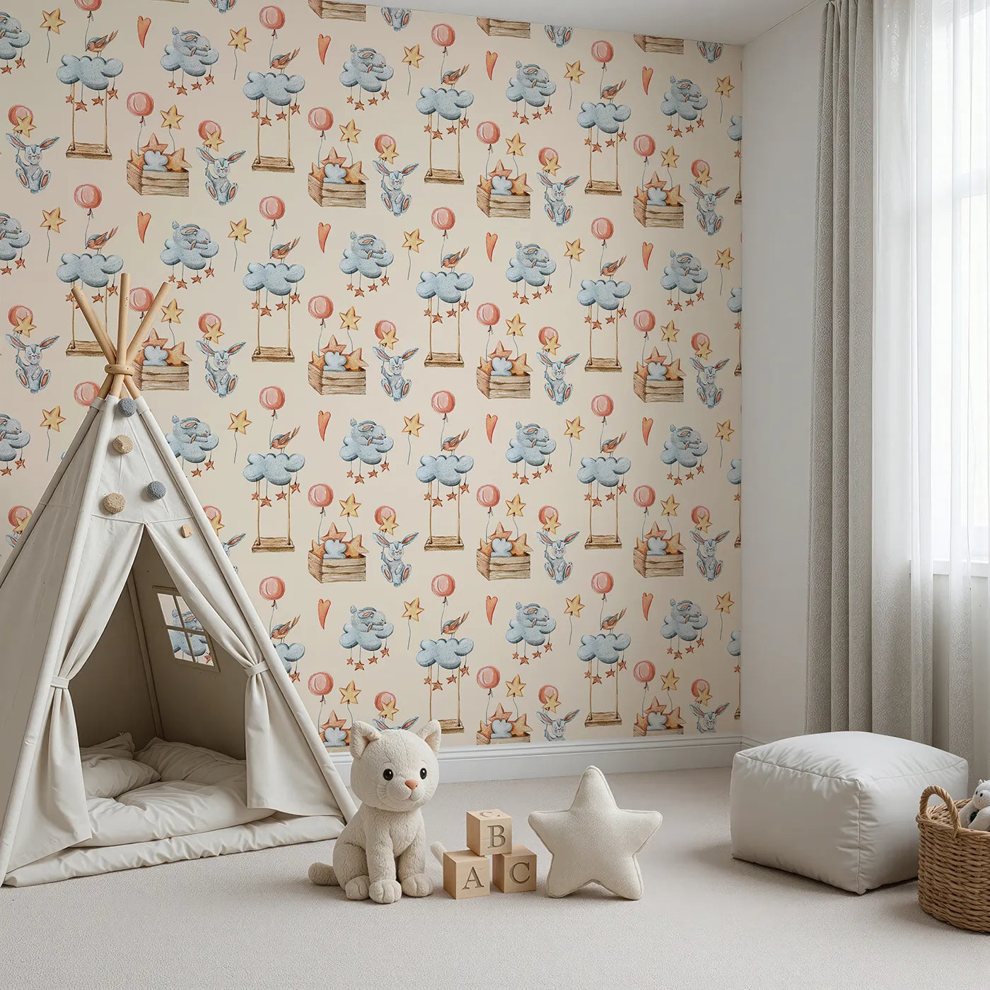 Angled view of Whimsy Tots' Dreamland Friends Wallpaper in Beige (W3317C).Sleepy animals float softly through a warm beige sky of stars and clouds.