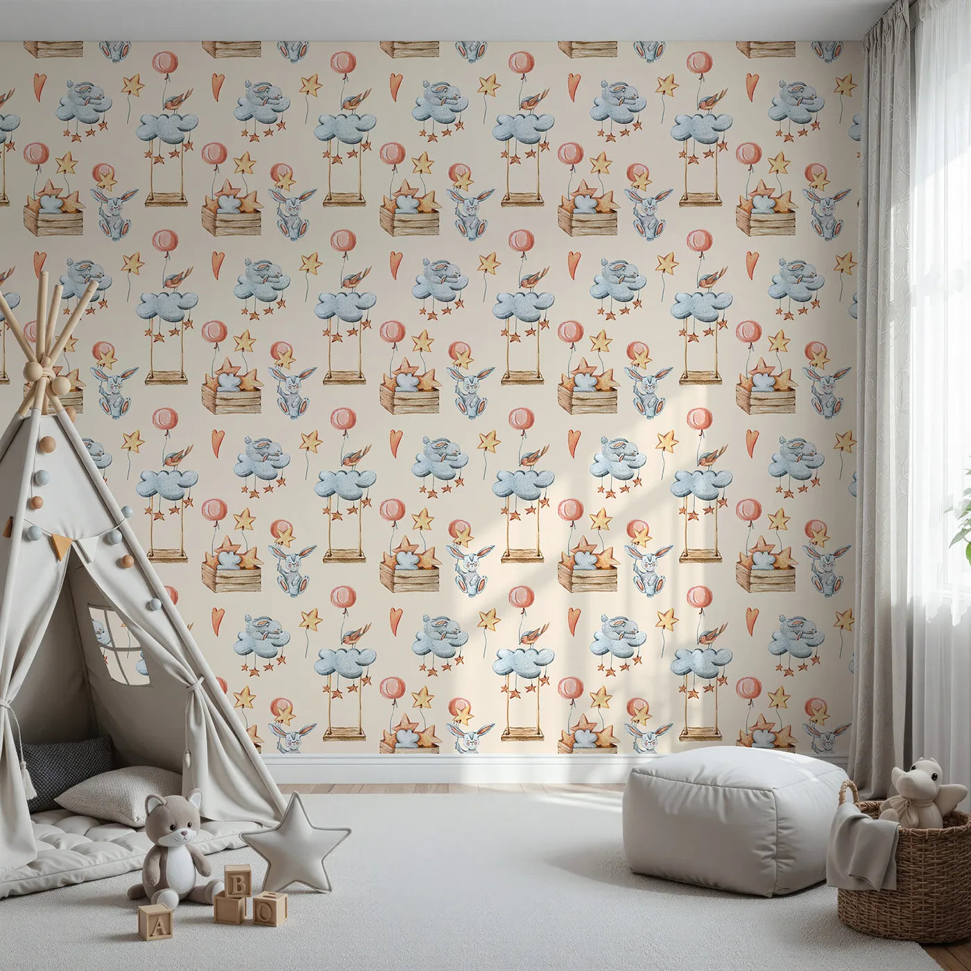 Front view of Whimsy Tots' Dreamland Friends Wallpaper in Beige