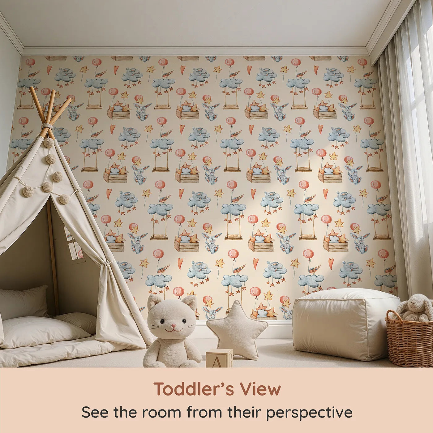 Whimsy Tots Dreamland Friends Wallpaper in Beige (W3317C) from your child's view.Sleepy animals float softly through a warm beige sky of stars and clouds.