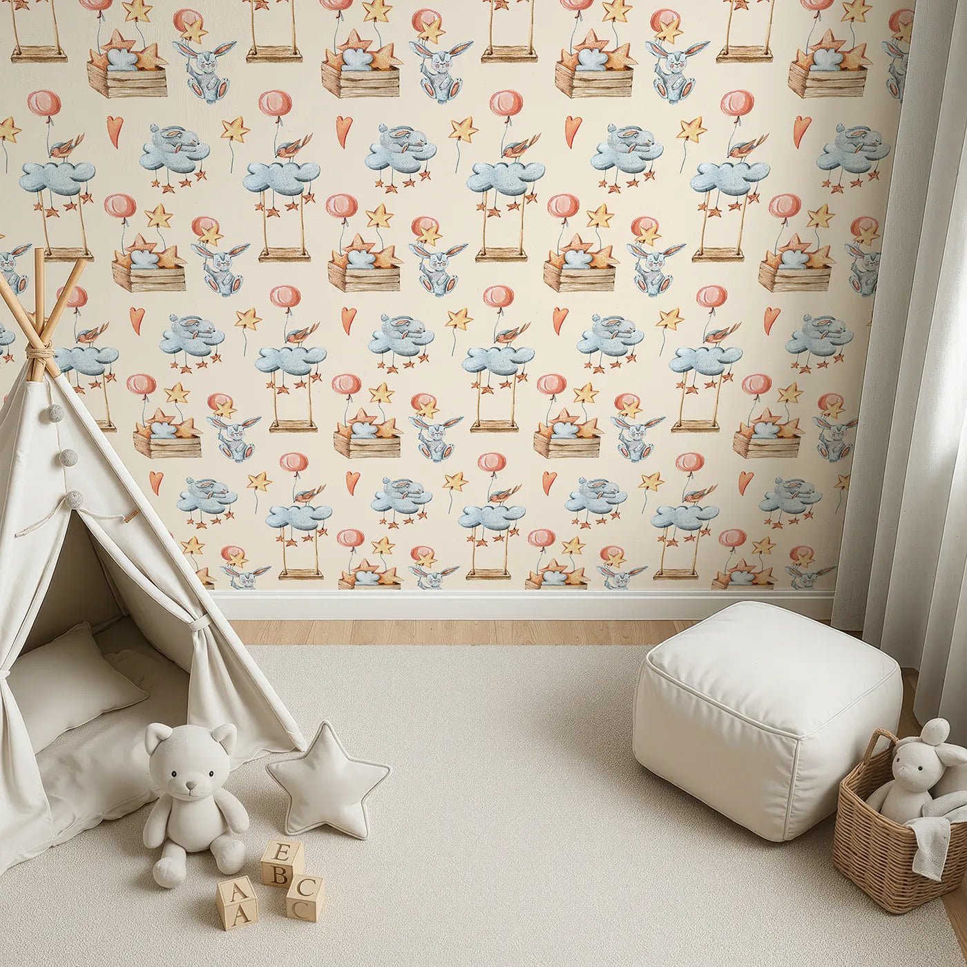 Top-Down view of Whimsy Tots' Dreamland Friends Wallpaper in Beige (W3317C).Sleepy animals float softly through a warm beige sky of stars and clouds.