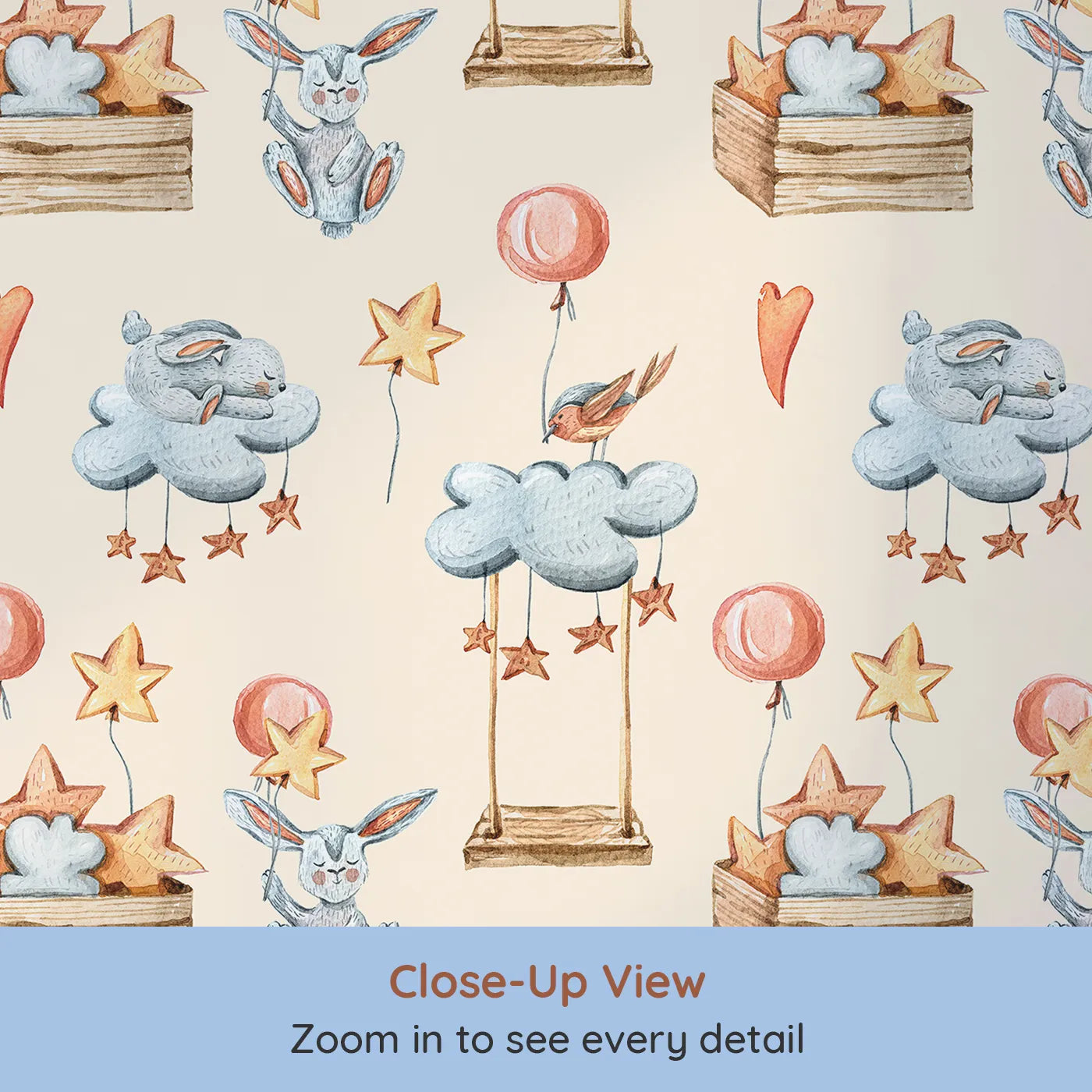 Close-up view of Whimsy Tots' Dreamland Friends Wallpaper in Beige (W3317C).Sleepy animals float softly through a warm beige sky of stars and clouds.