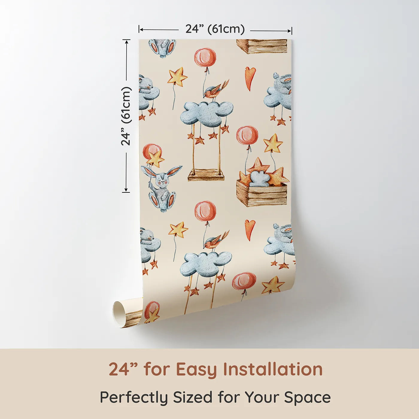 Dimension view of Whimsy Tots Dreamland Friends Wallpaper in Beige (W3317C). Printed in 24-inch-wide panel for easy installation. Sleepy animals float softly through a warm beige sky of stars and clouds.