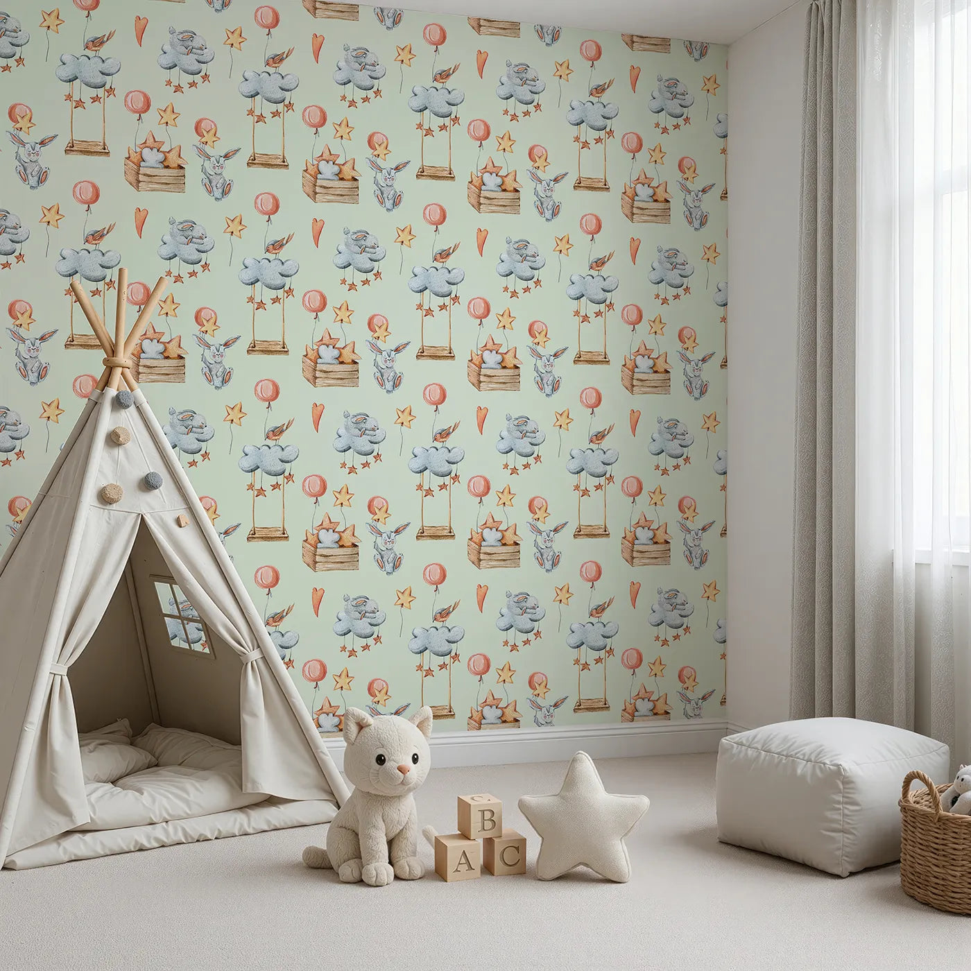 Angled view of Whimsy Tots' Dreamland Friends Wallpaper in Mint Green (W3317D).Sleepy animals and starry clouds drift peacefully through minty skies.