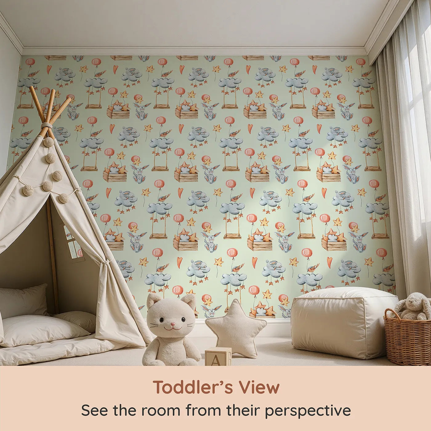 Whimsy Tots Dreamland Friends Wallpaper in Mint Green (W3317D) from your child's view.Sleepy animals and starry clouds drift peacefully through minty skies.