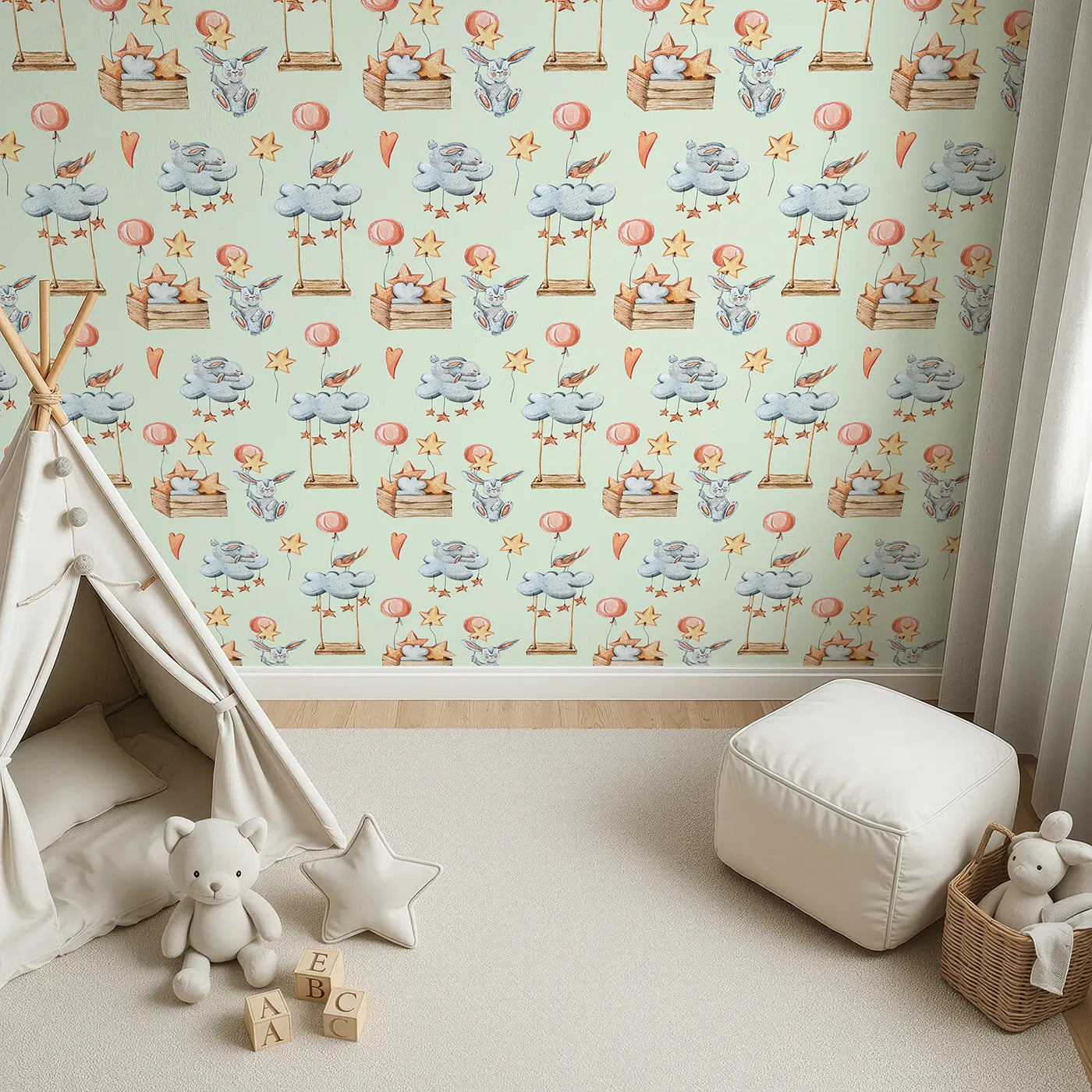 Top-Down view of Whimsy Tots' Dreamland Friends Wallpaper in Mint Green (W3317D).Sleepy animals and starry clouds drift peacefully through minty skies.
