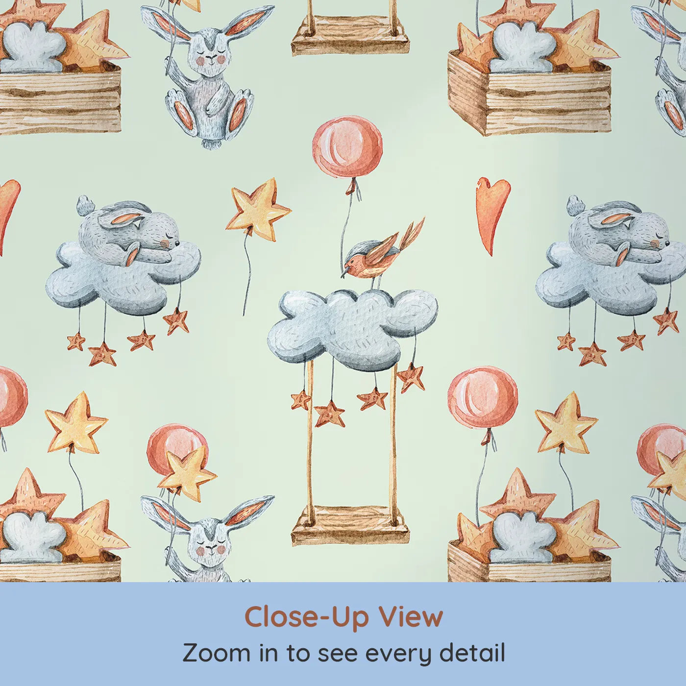 Close-up view of Whimsy Tots' Dreamland Friends Wallpaper in Mint Green (W3317D).Sleepy animals and starry clouds drift peacefully through minty skies.