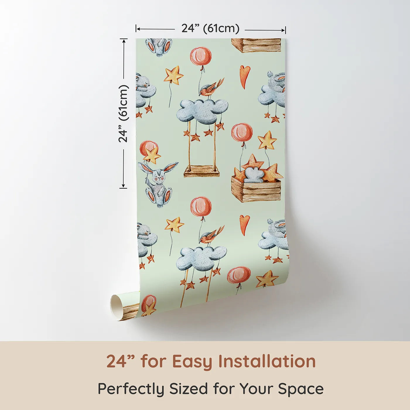 Dimension view of Whimsy Tots Dreamland Friends Wallpaper in Mint Green (W3317D). Printed in 24-inch-wide panel for easy installation. Sleepy animals and starry clouds drift peacefully through minty skies.