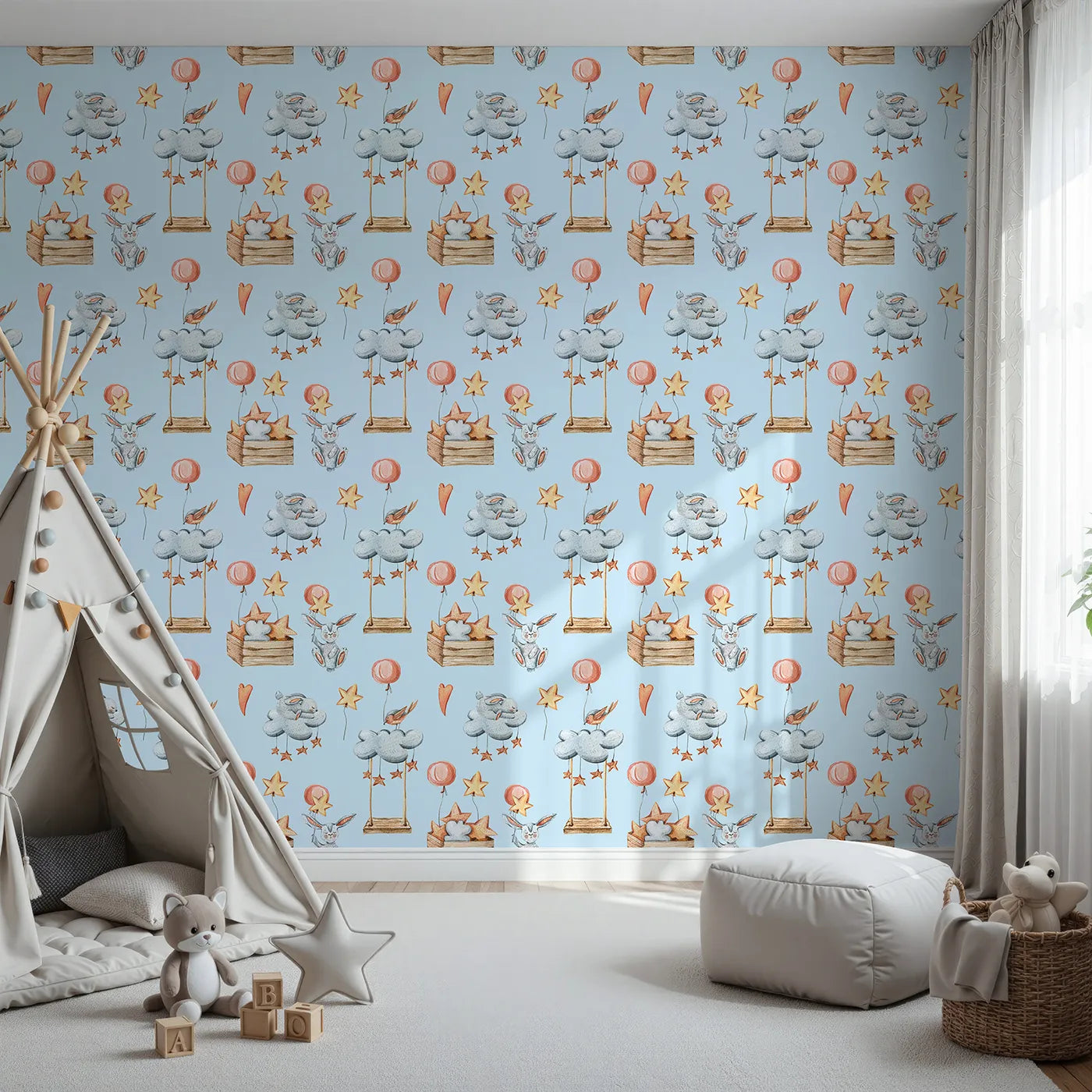 Front view of Whimsy Tots' Dreamland Friends Wallpaper in Blue