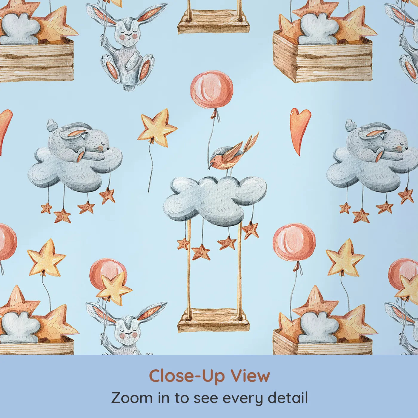 Close-up view of Whimsy Tots' Dreamland Friends Wallpaper in Blue (W3317E).Bunnies, birds, clouds and balloons float above a dreamy blue world.