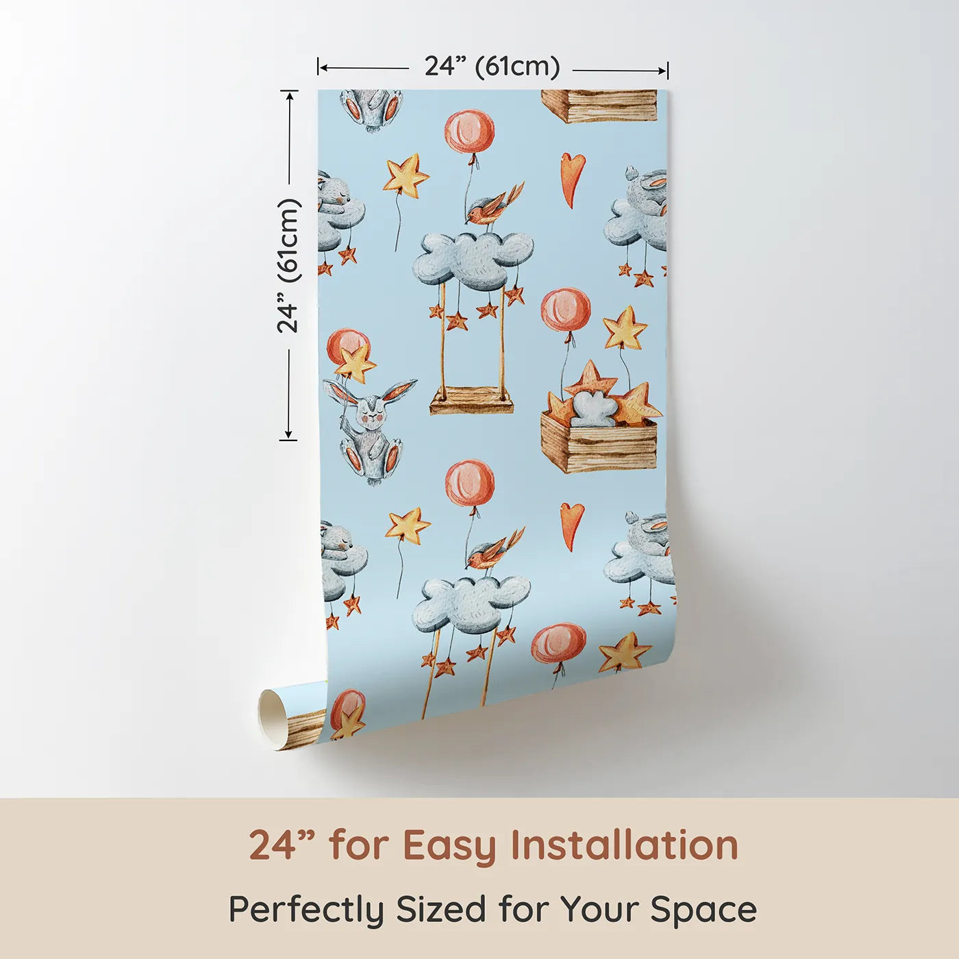 Dimension view of Whimsy Tots Dreamland Friends Wallpaper in Blue (W3317E). Printed in 24-inch-wide panel for easy installation. Bunnies, birds, clouds and balloons float above a dreamy blue world.