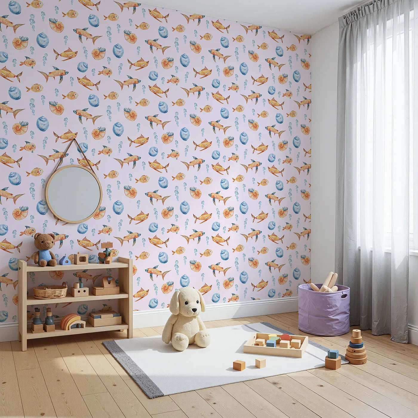 Angled view of Whimsy Tots' Undersea Bubble Friends Wallpaper in Pink (W3318B).Smiling fish and seashells dance through soft pink seas.
