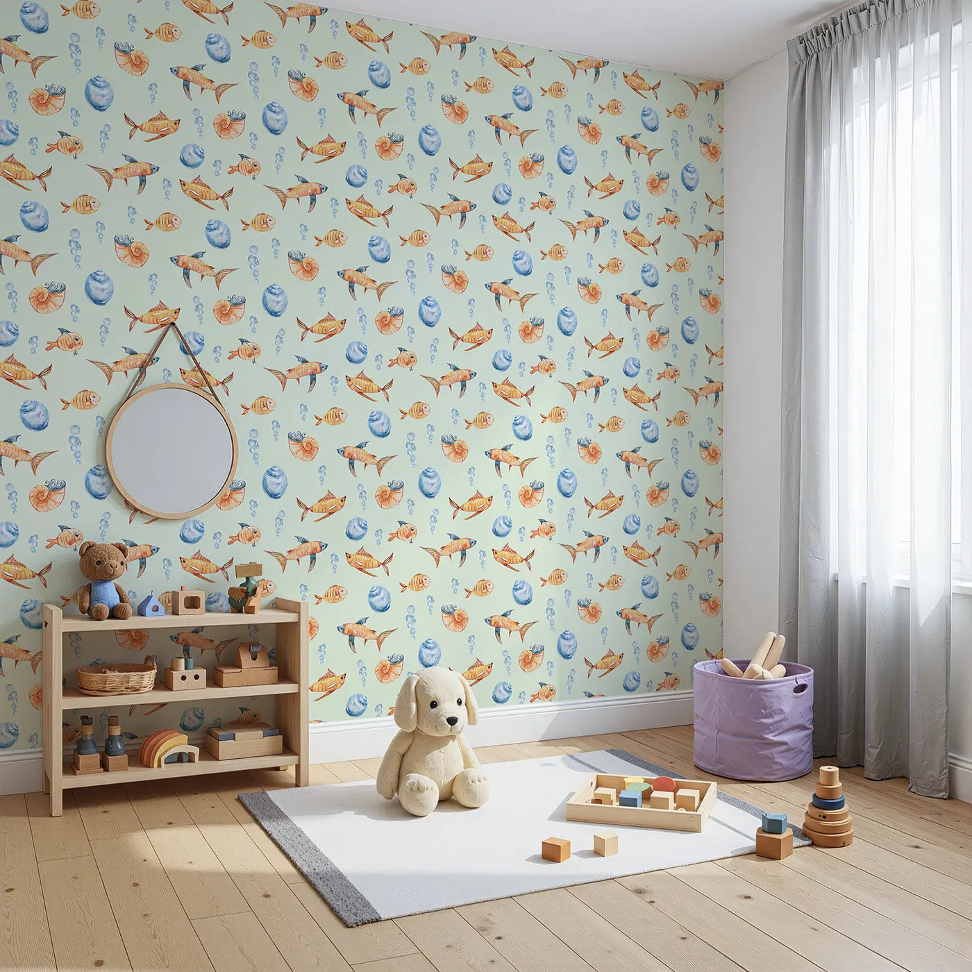 Angled view of Whimsy Tots' Undersea Bubble Friends Wallpaper in Mint Green (W3318D).Cheerful orange fish and bubbles float gently over minty seas.
