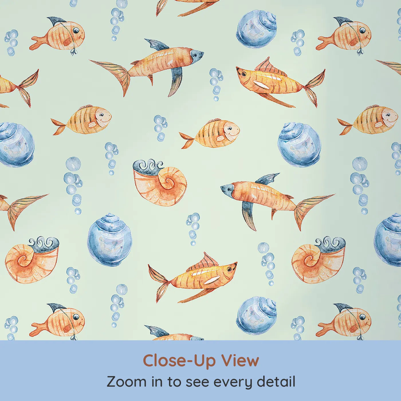 Close-up view of Whimsy Tots' Undersea Bubble Friends Wallpaper in Mint Green (W3318D).Cheerful orange fish and bubbles float gently over minty seas.