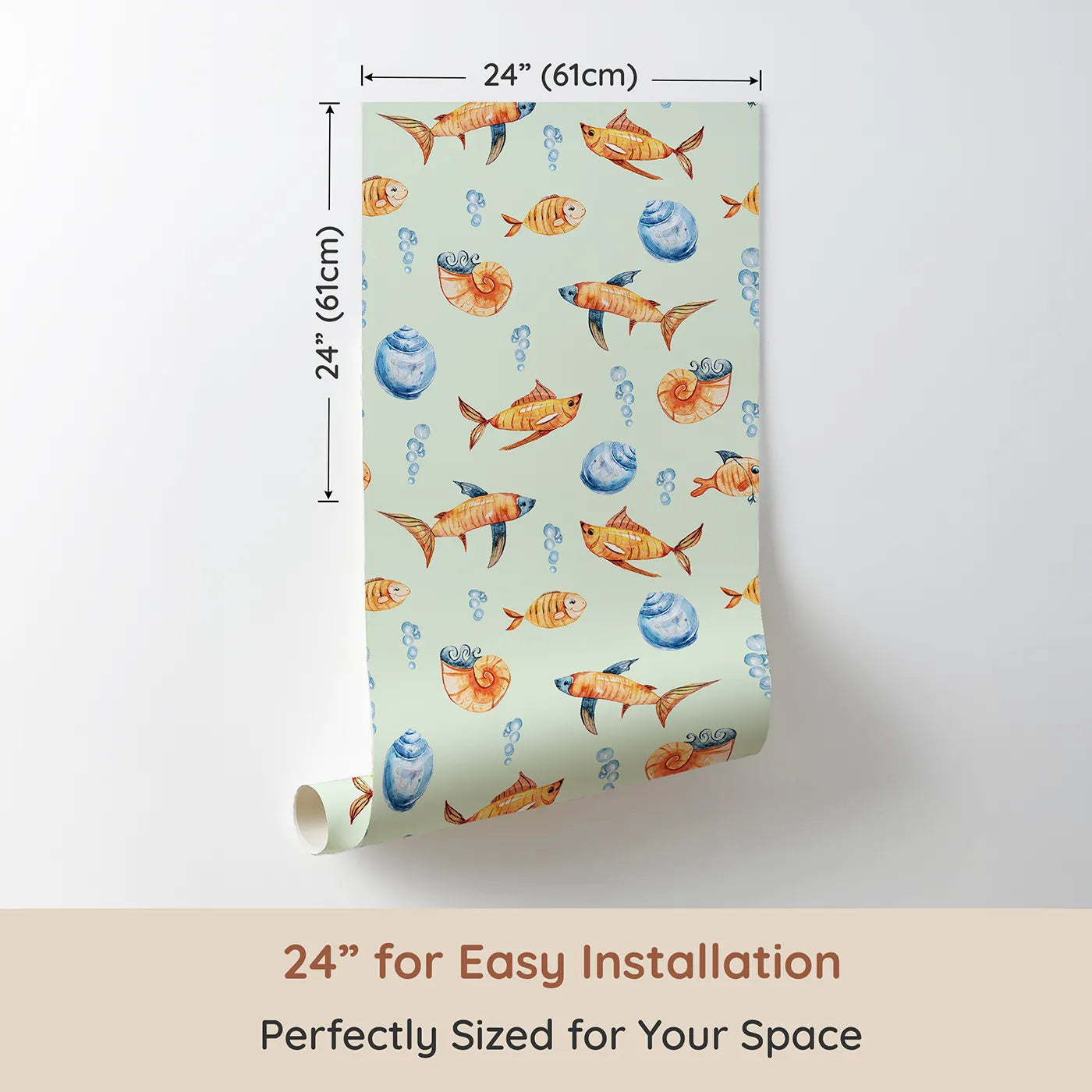 Dimension view of Whimsy Tots Undersea Bubble Friends Wallpaper in Mint Green (W3318D). Printed in 24-inch-wide panel for easy installation. Cheerful orange fish and bubbles float gently over minty seas.