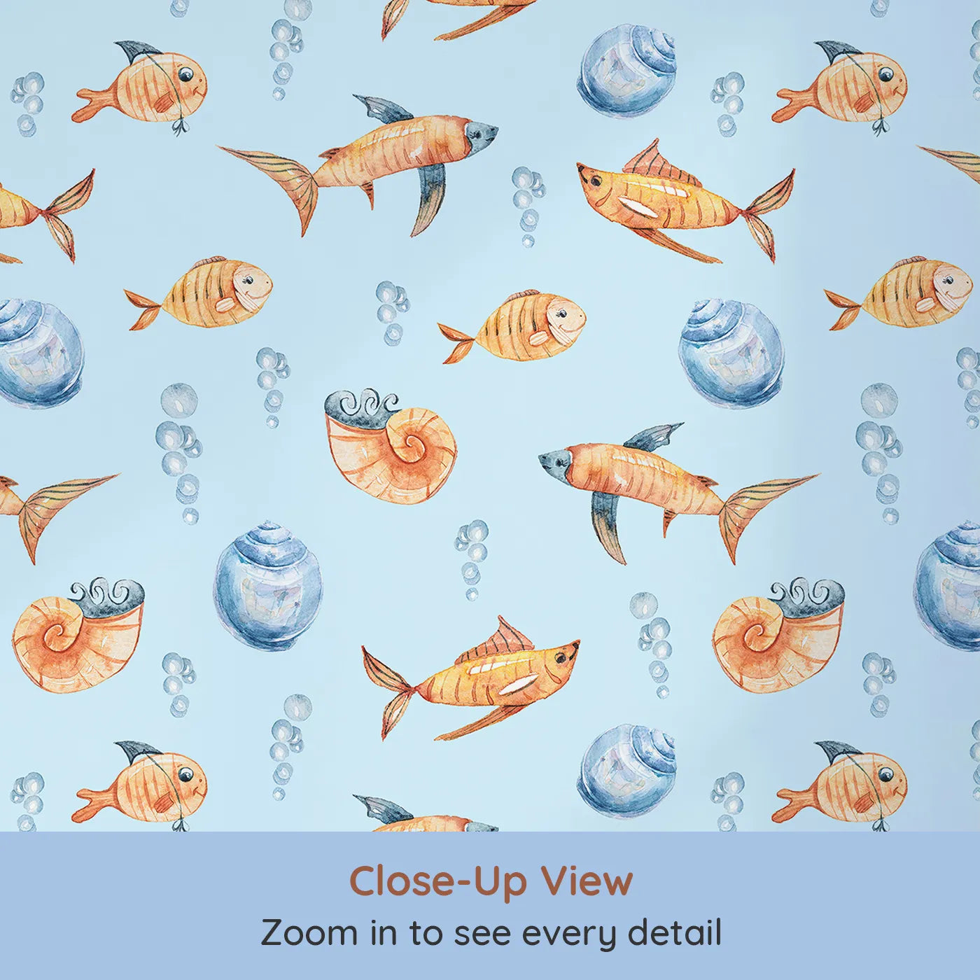 Close-up view of Whimsy Tots' Undersea Bubble Friends Wallpaper in Blue (W3318E).Smiling orange fish swirl through a soft blue sea of shells and bubbles.