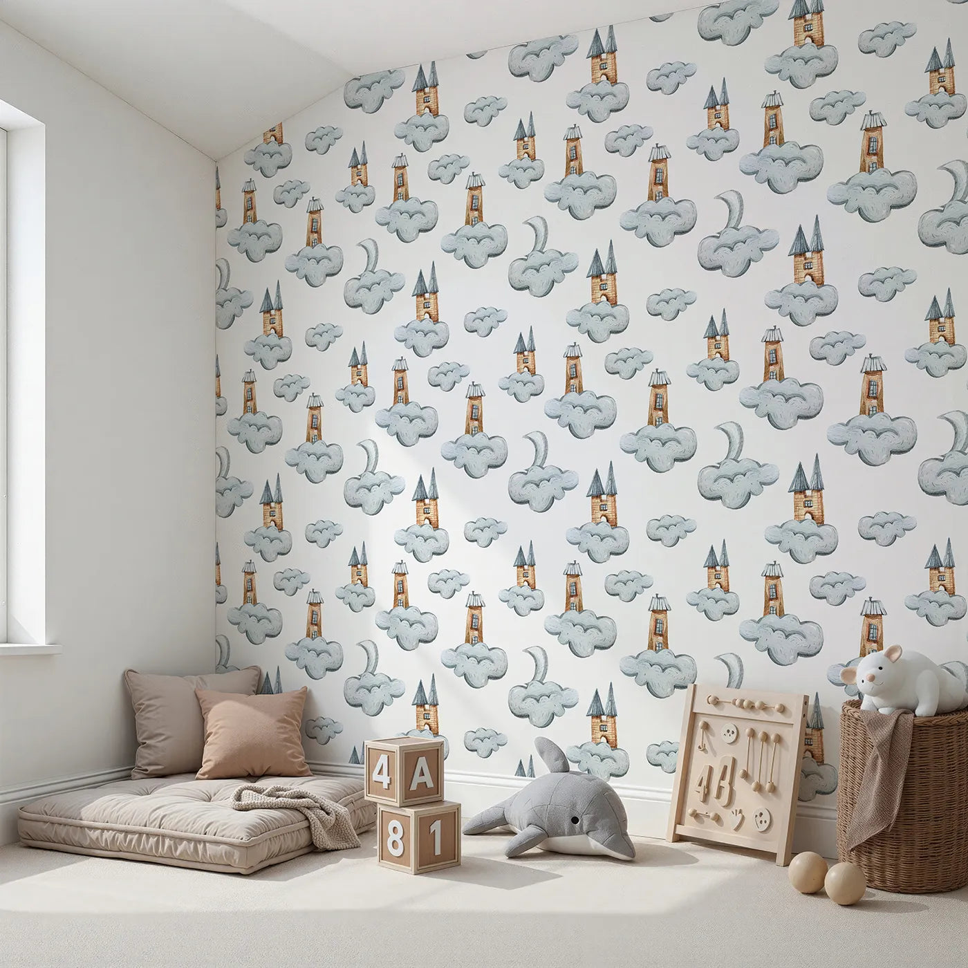 Angled view of Whimsy Tots' Castle Cloud Drift Wallpaper in White (W3319A).Tall rooftops and cloudy castles drift gently across a sky of white.