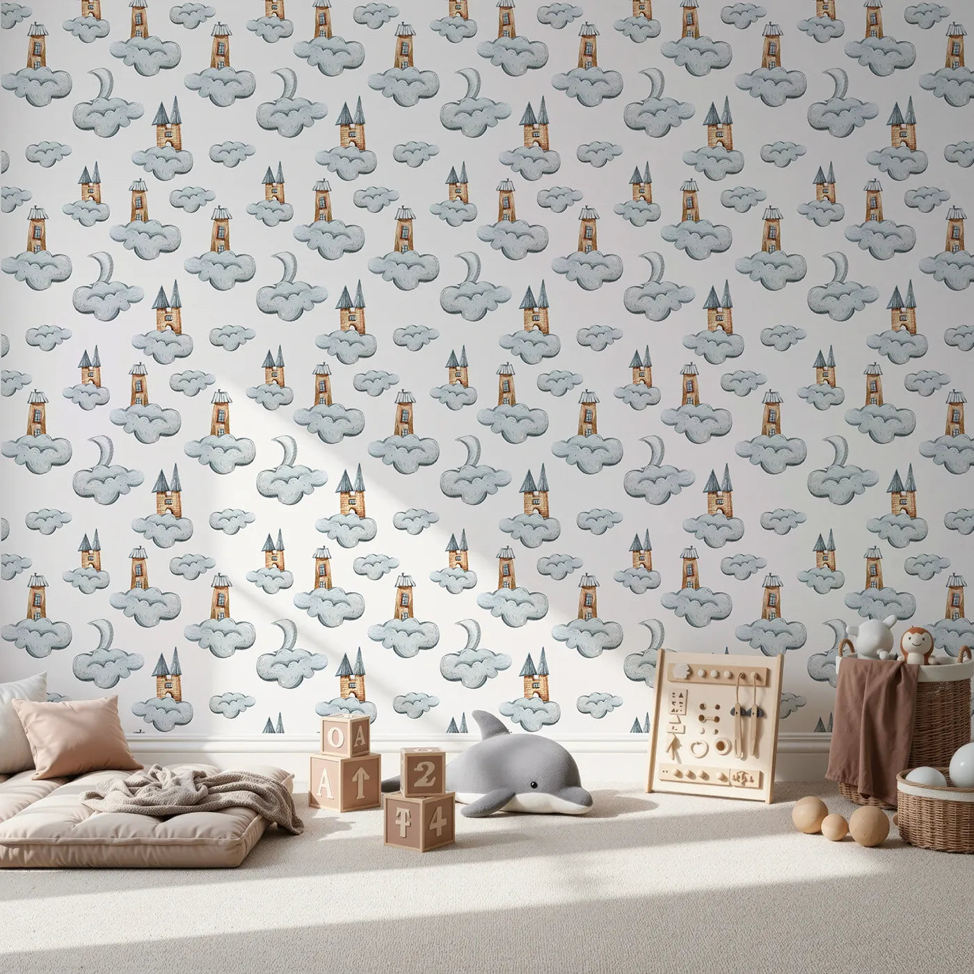 Front view of Whimsy Tots' Castle Cloud Drift Wallpaper in White