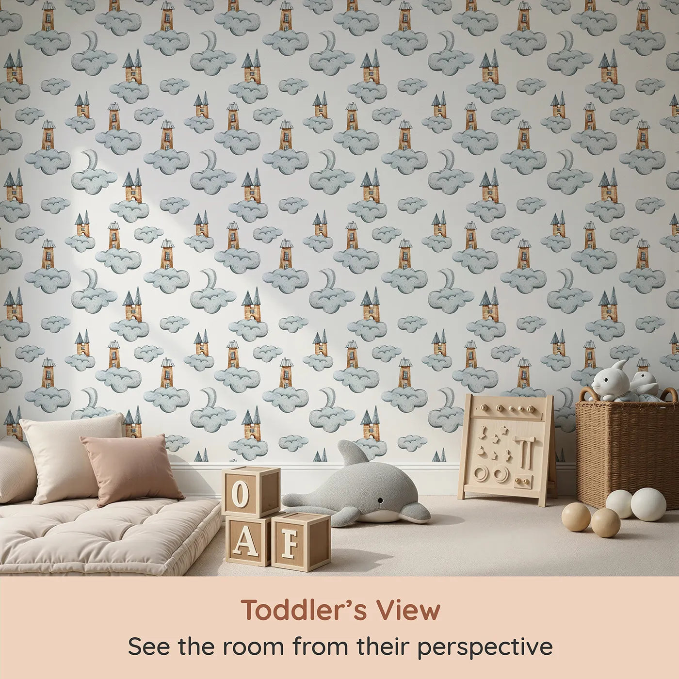 Whimsy Tots Castle Cloud Drift Wallpaper in White (W3319A) from your child's view.Tall rooftops and cloudy castles drift gently across a sky of white.