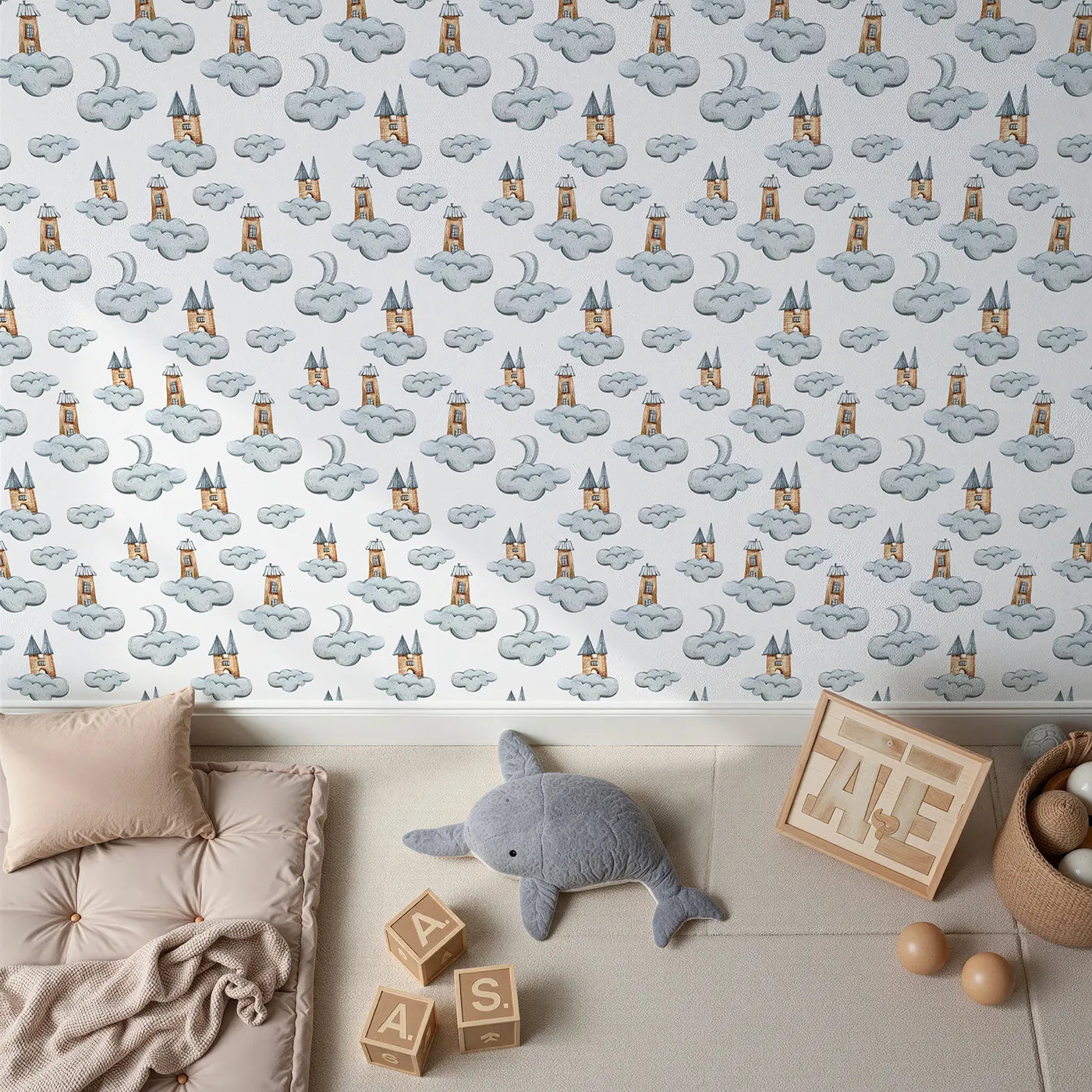 Top-Down view of Whimsy Tots' Castle Cloud Drift Wallpaper in White (W3319A).Tall rooftops and cloudy castles drift gently across a sky of white.
