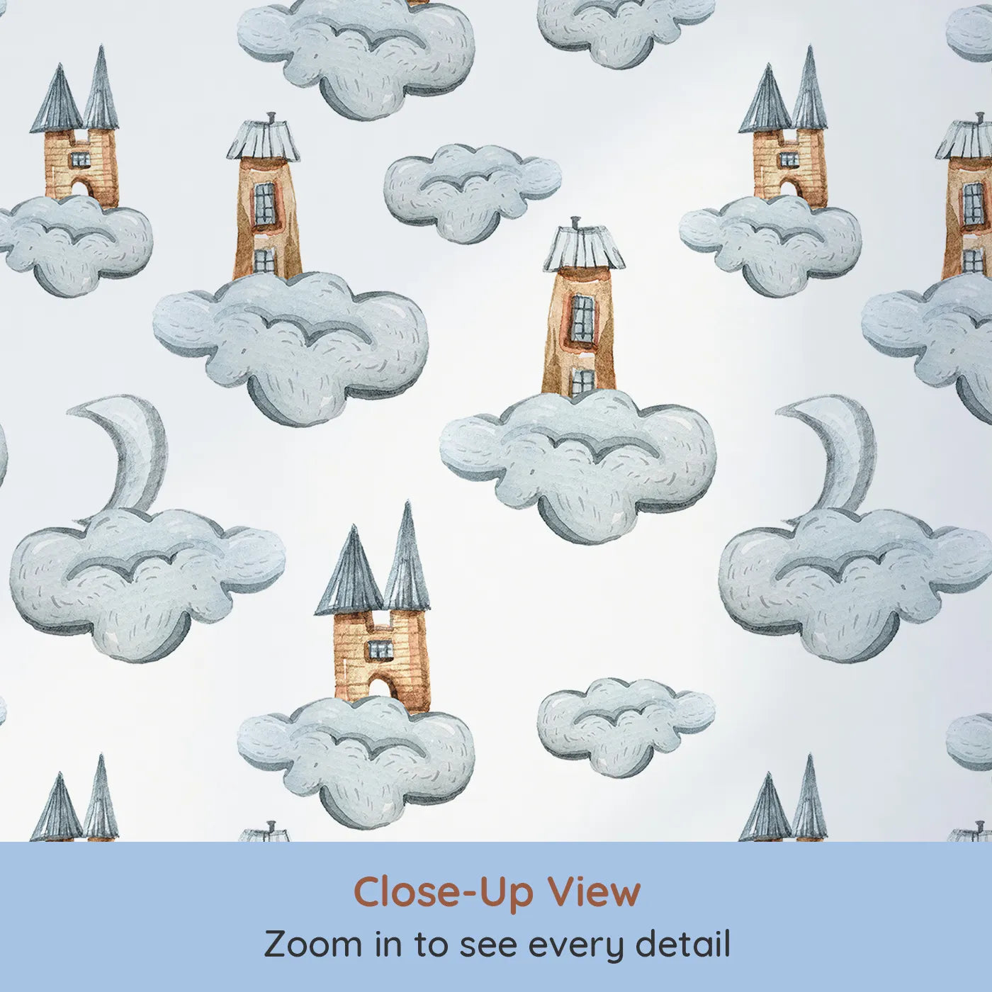 Close-up view of Whimsy Tots' Castle Cloud Drift Wallpaper in White (W3319A).Tall rooftops and cloudy castles drift gently across a sky of white.