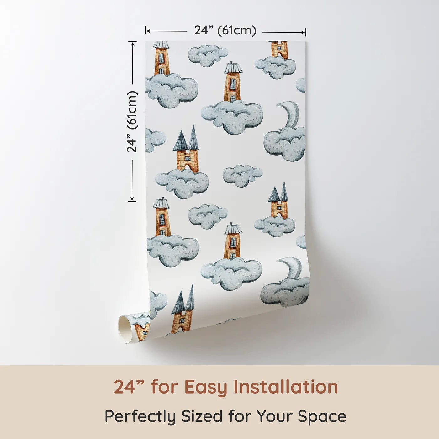 Dimension view of Whimsy Tots Castle Cloud Drift Wallpaper in White (W3319A). Printed in 24-inch-wide panel for easy installation. Tall rooftops and cloudy castles drift gently across a sky of white.